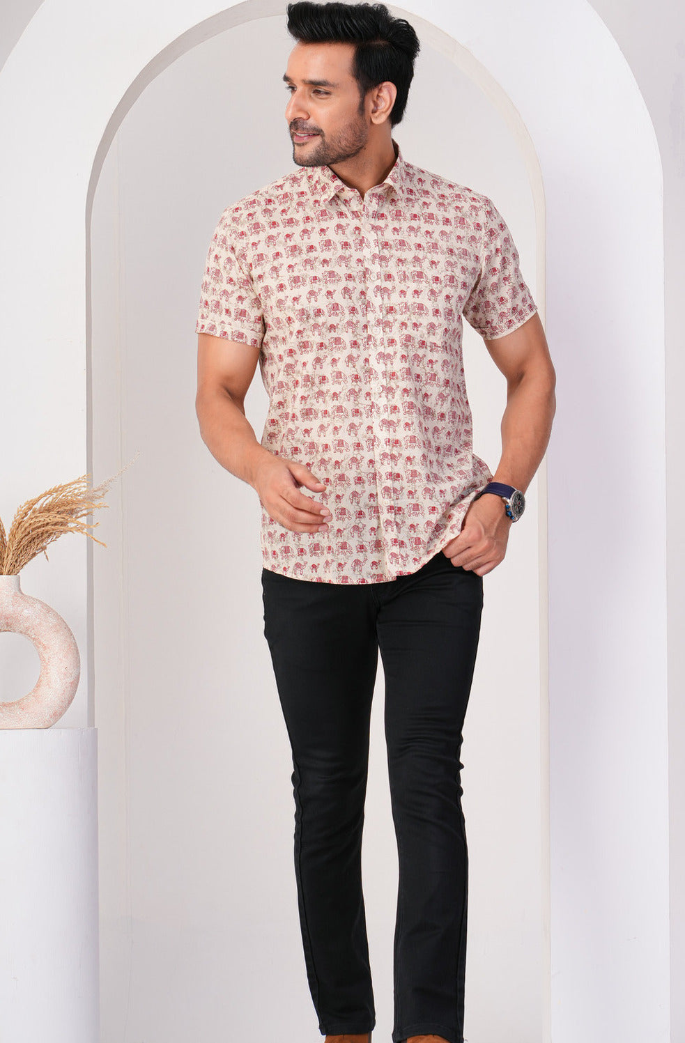 Off-White With Animal Prints Regular Fit Cotton Men's Shirt