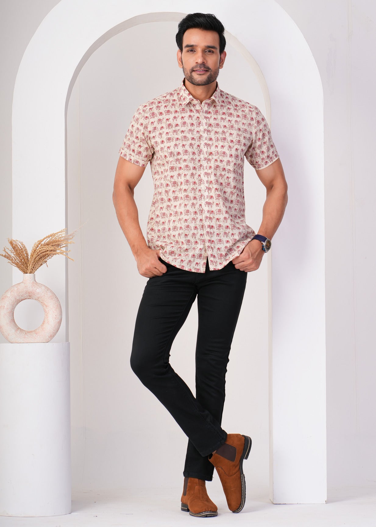 Off-White With Animal Prints Regular Fit Cotton Men's Shirt