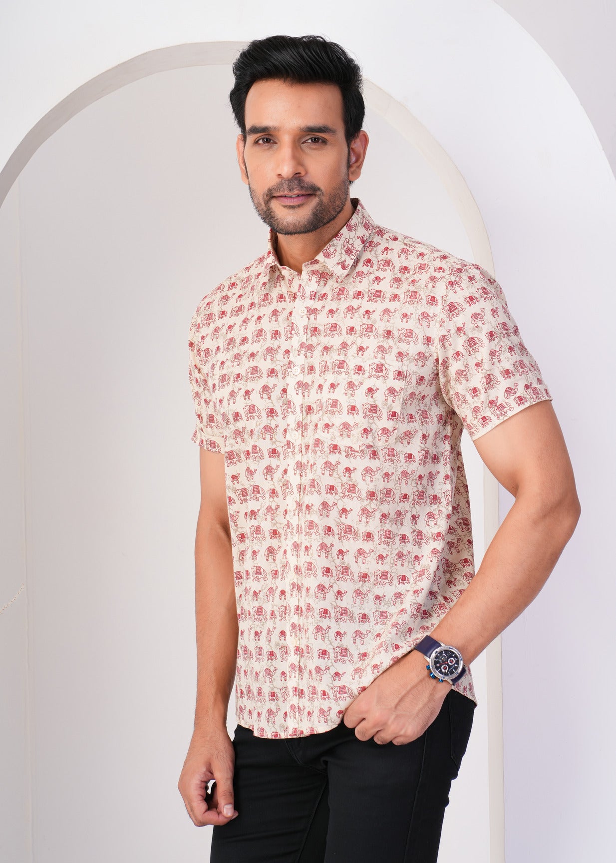 Off-White With Animal Prints Regular Fit Cotton Men's Shirt