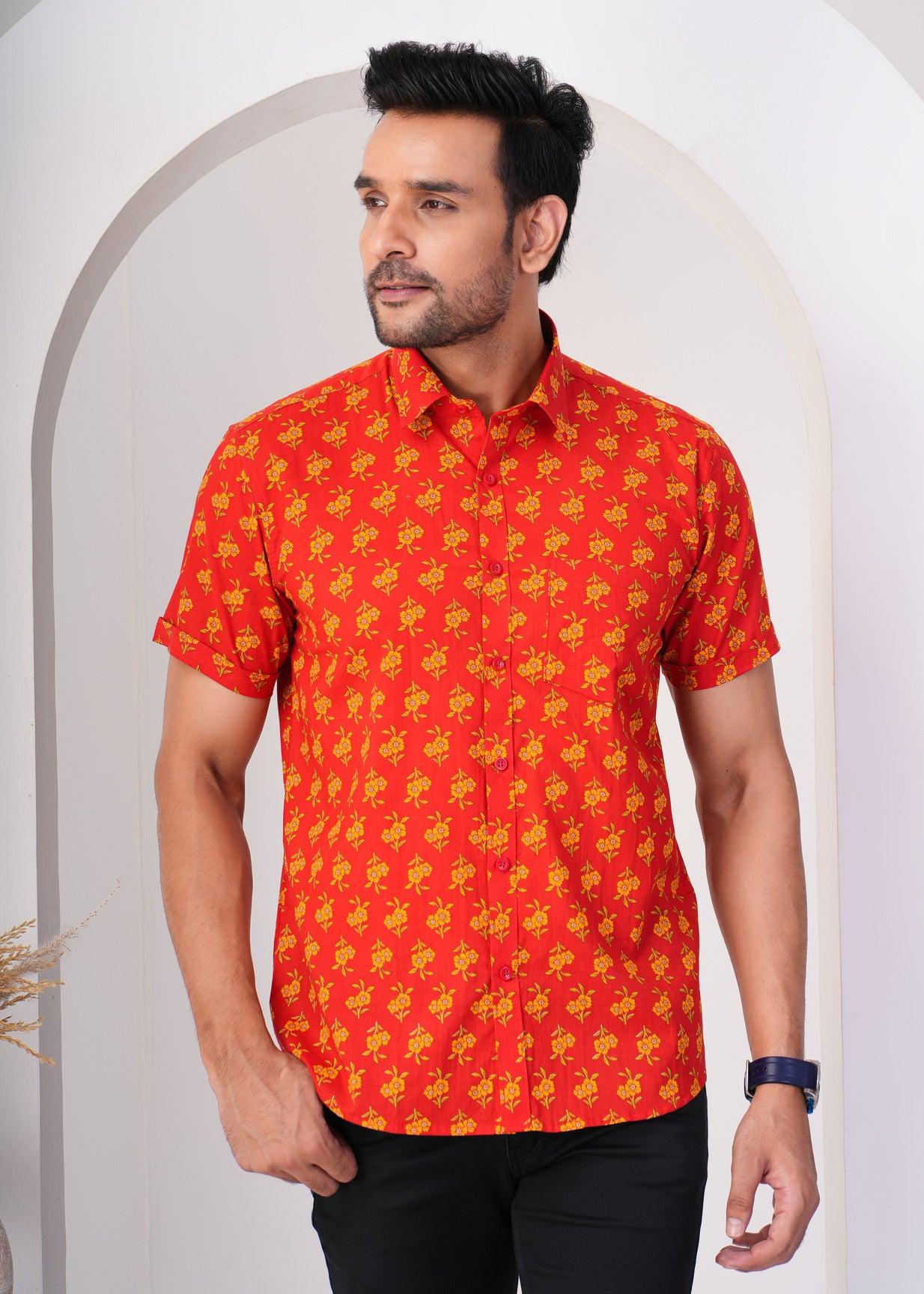 Tomato Red With Yellow Flower Print Cotton Regular Fit Men's Shirt