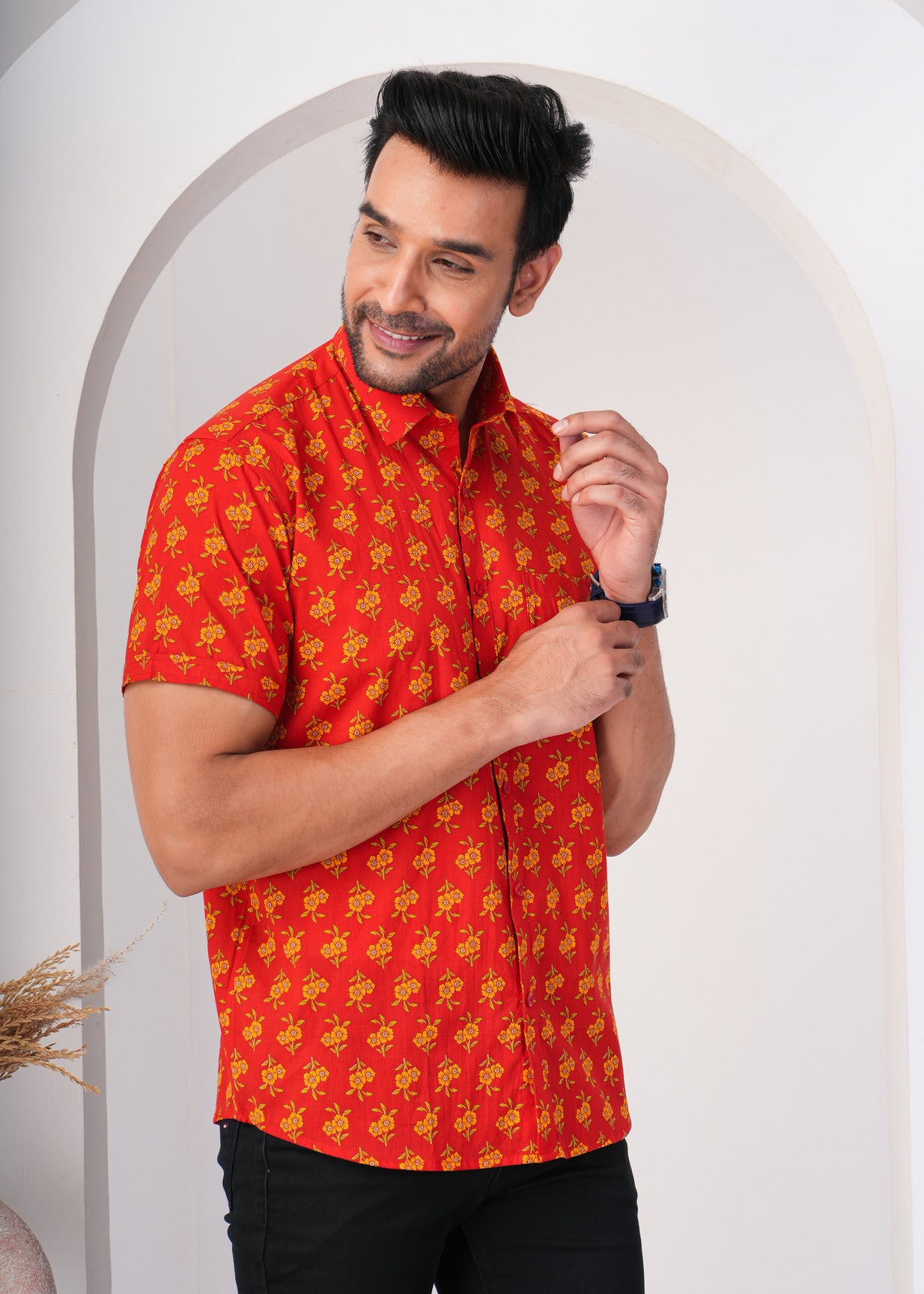 Tomato Red With Yellow Flower Print Cotton Regular Fit Men's Shirt