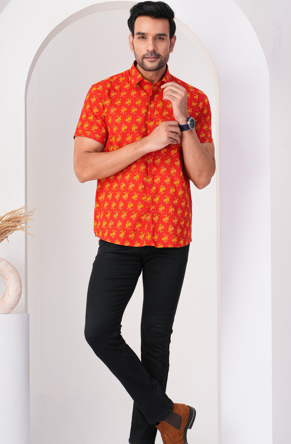 Tomato Red With Yellow Flower Print Cotton Regular Fit Men's Shirt