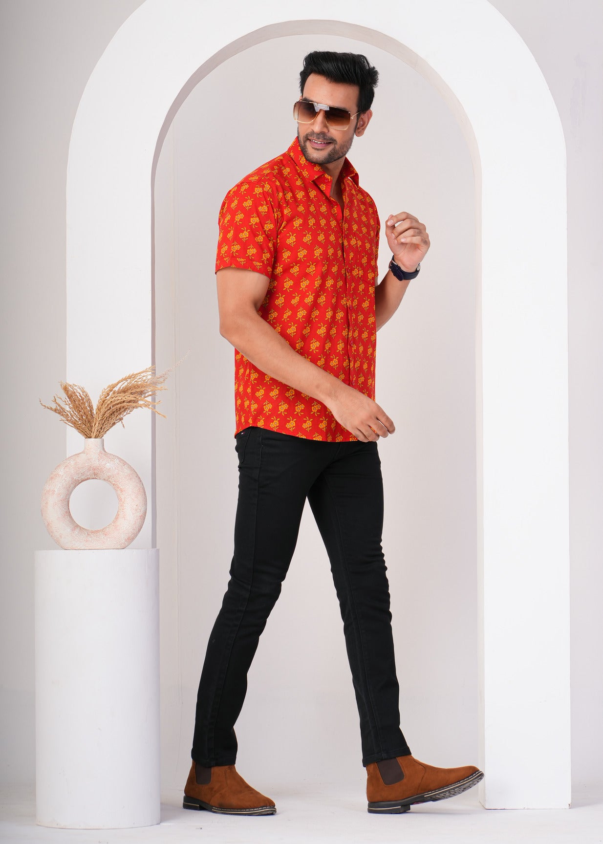 Tomato Red With Yellow Flower Print Cotton Regular Fit Men's Shirt