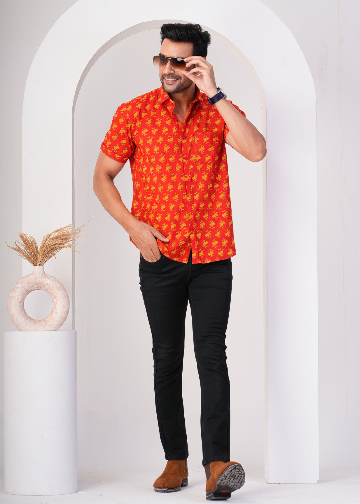 Tomato Red With Yellow Flower Print Cotton Regular Fit Men's Shirt