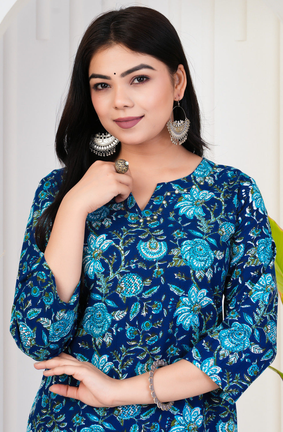 Navy Blue With Floral Print Cotton Kurti