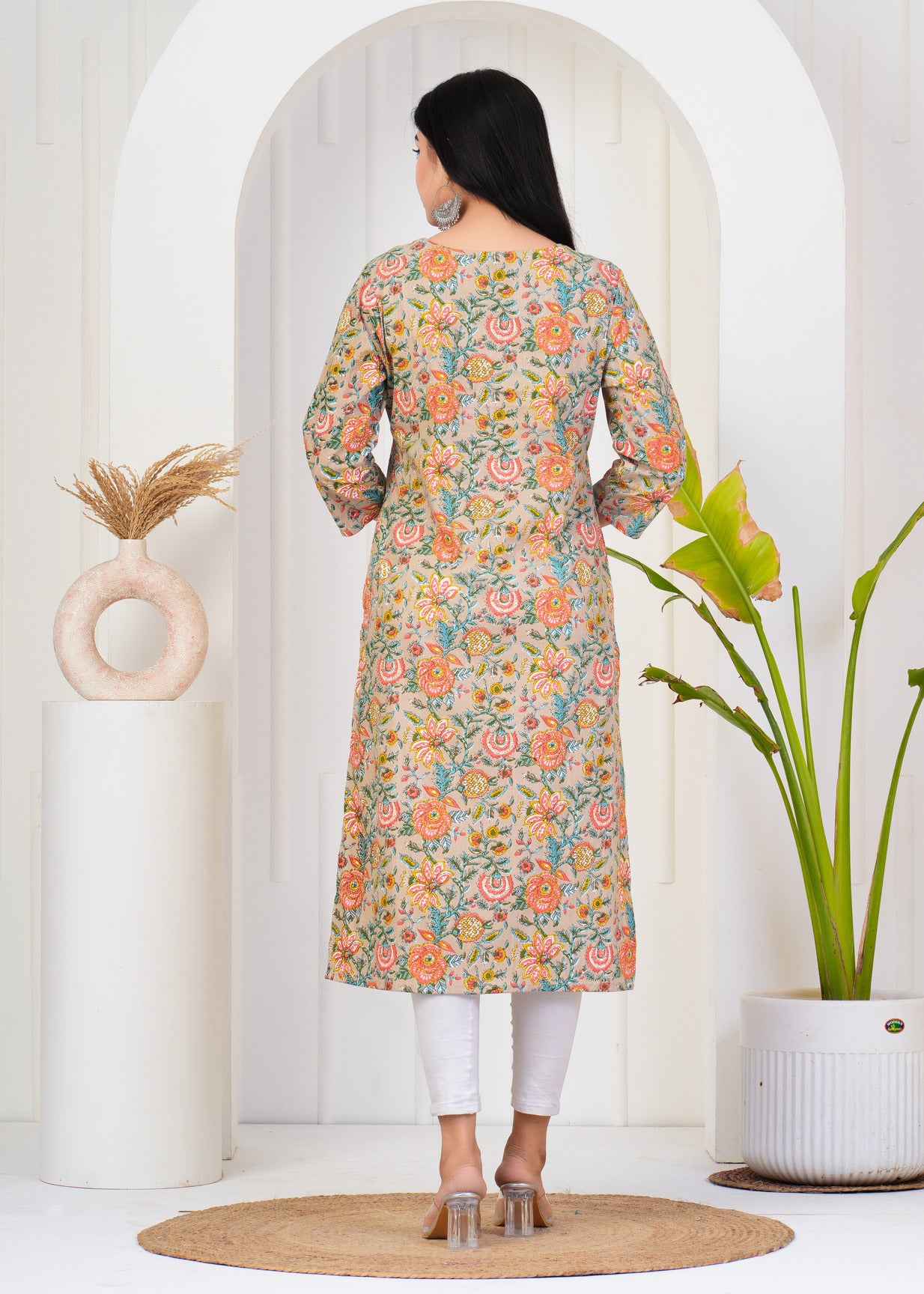 Light Chiku With Floral Print Cotton Kurti
