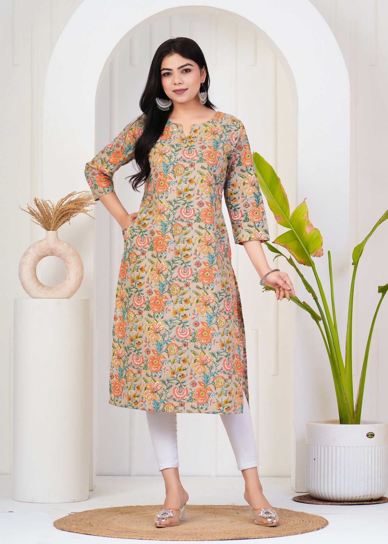 Light Chiku With Floral Print Cotton Kurti