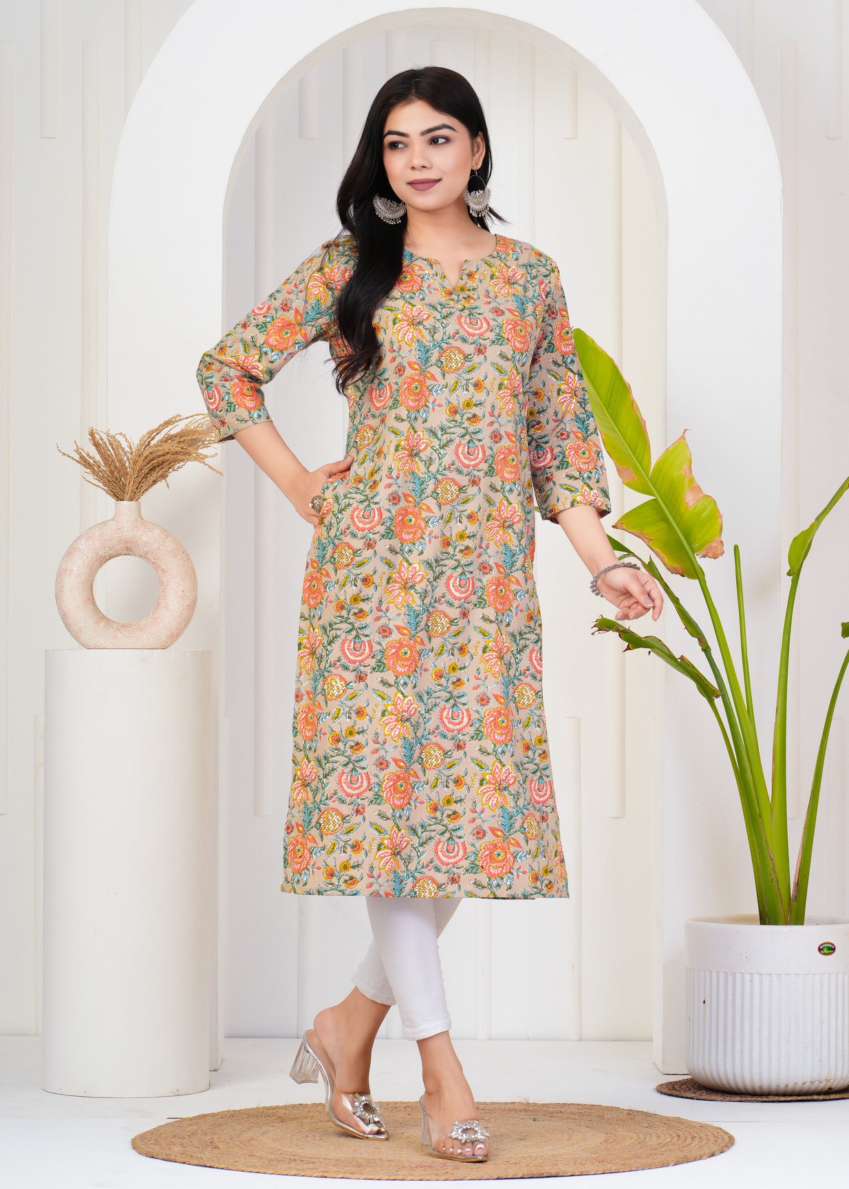 Light Chiku With Floral Print Cotton Kurti