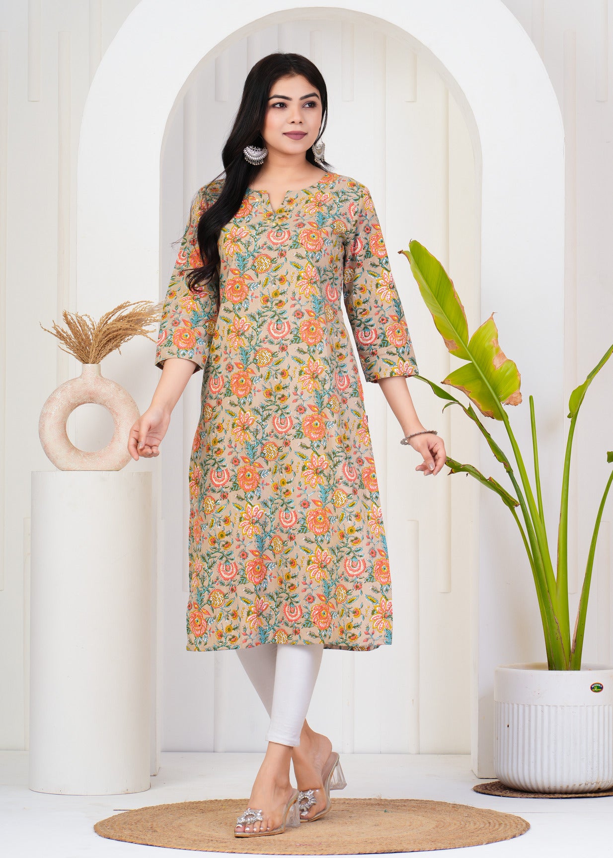 Light Chiku With Floral Print Cotton Kurti