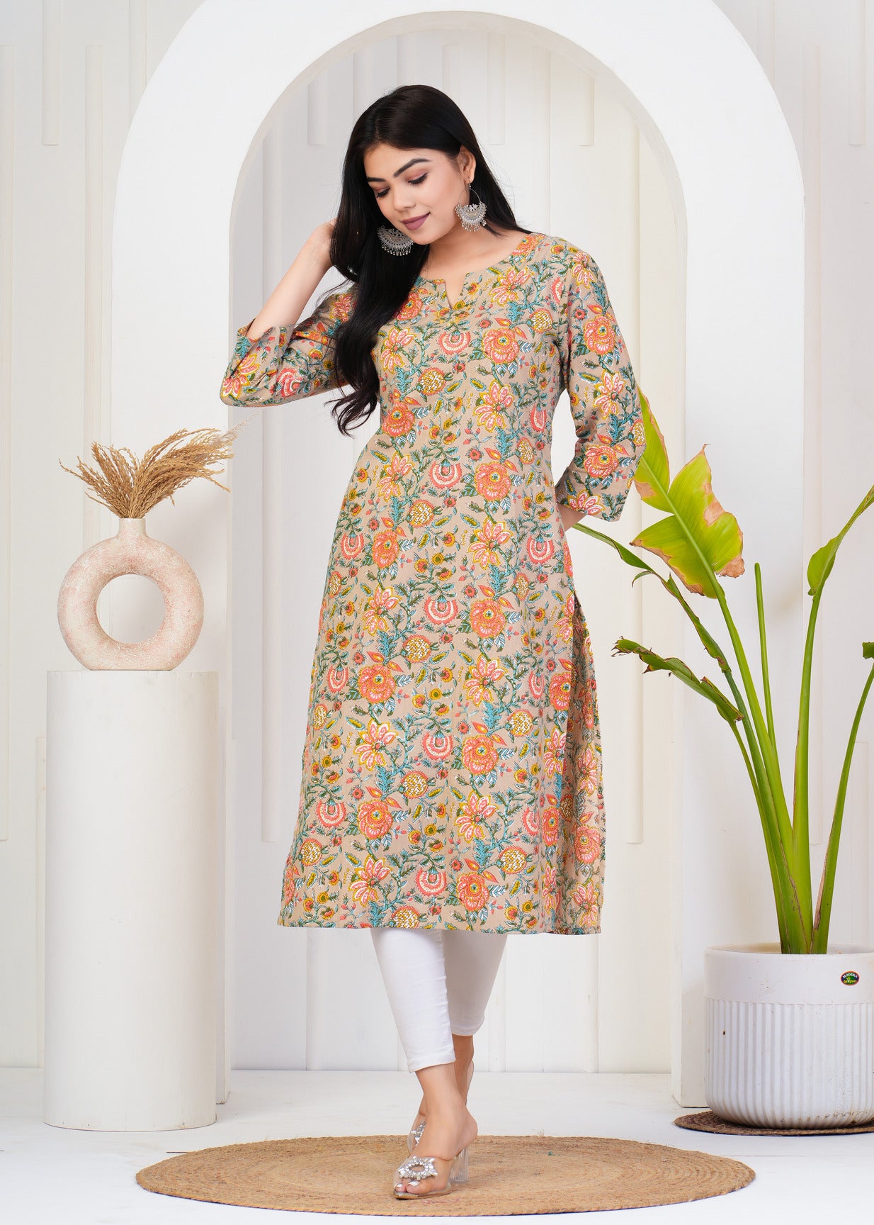 Light Chiku With Floral Print Cotton Kurti