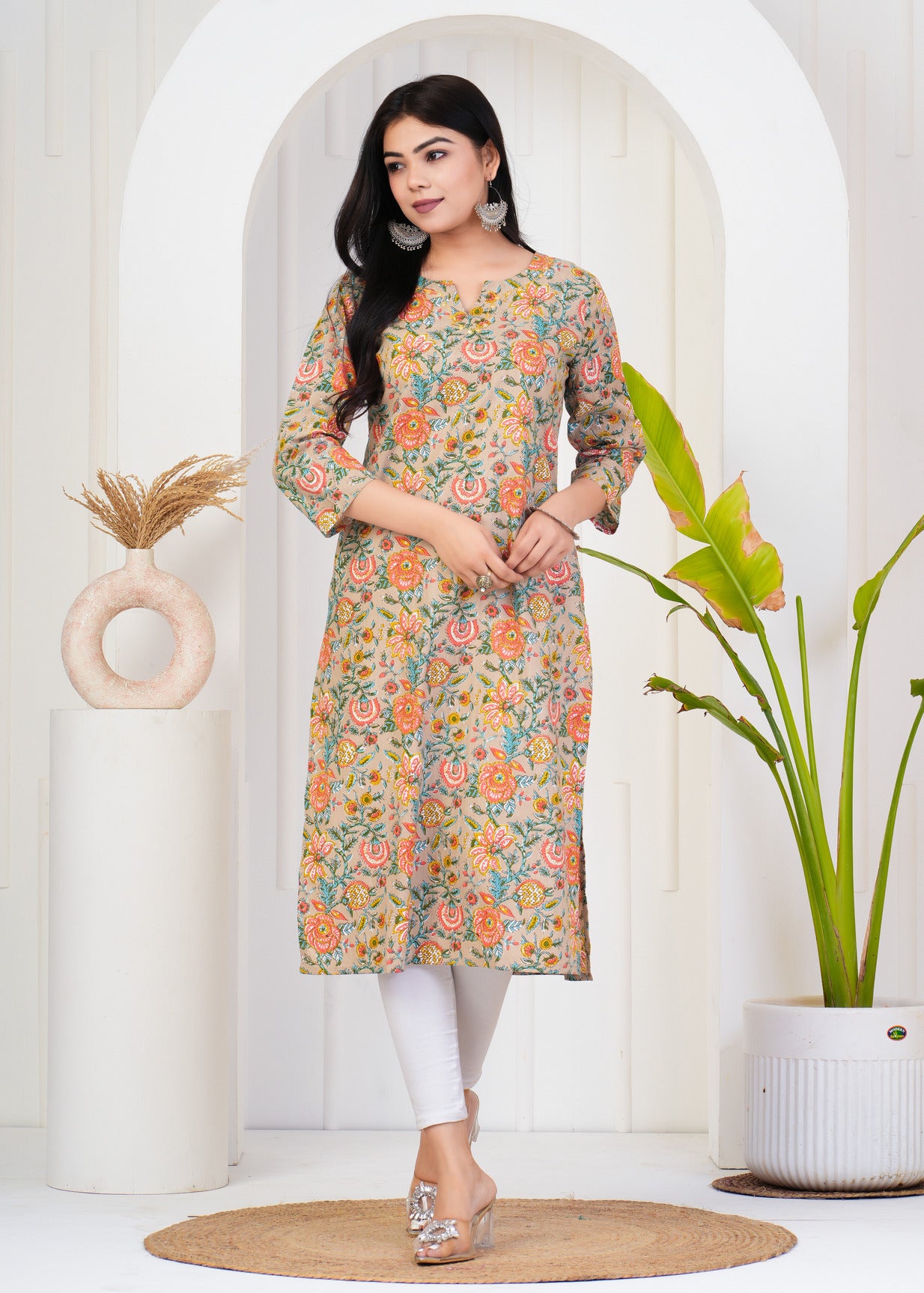 Light Chiku With Floral Print Cotton Kurti