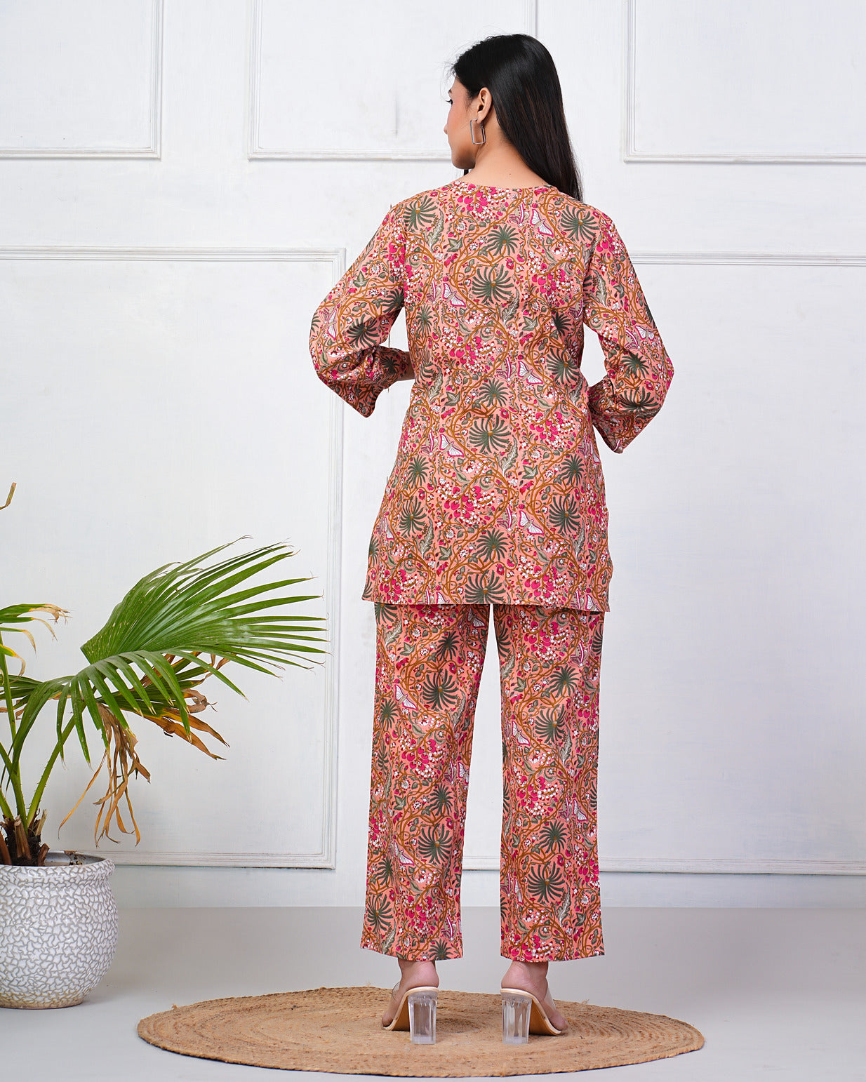 Orange With Multicolor Floral Print Cotton Night Suit