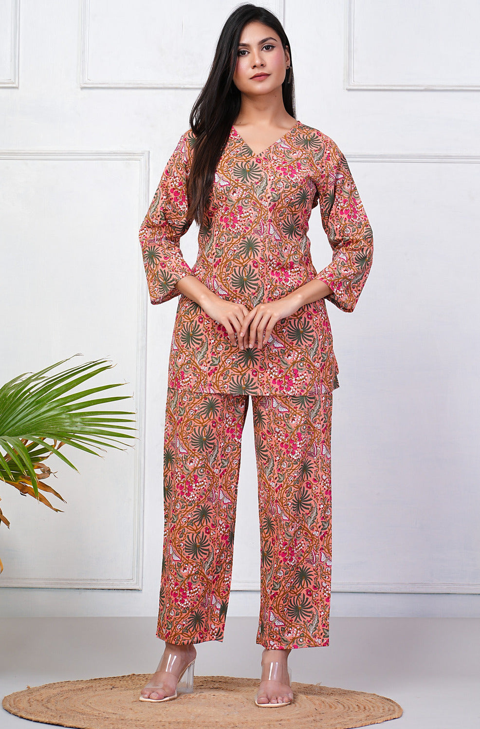 Orange With Multicolor Floral Print Cotton Night Suit