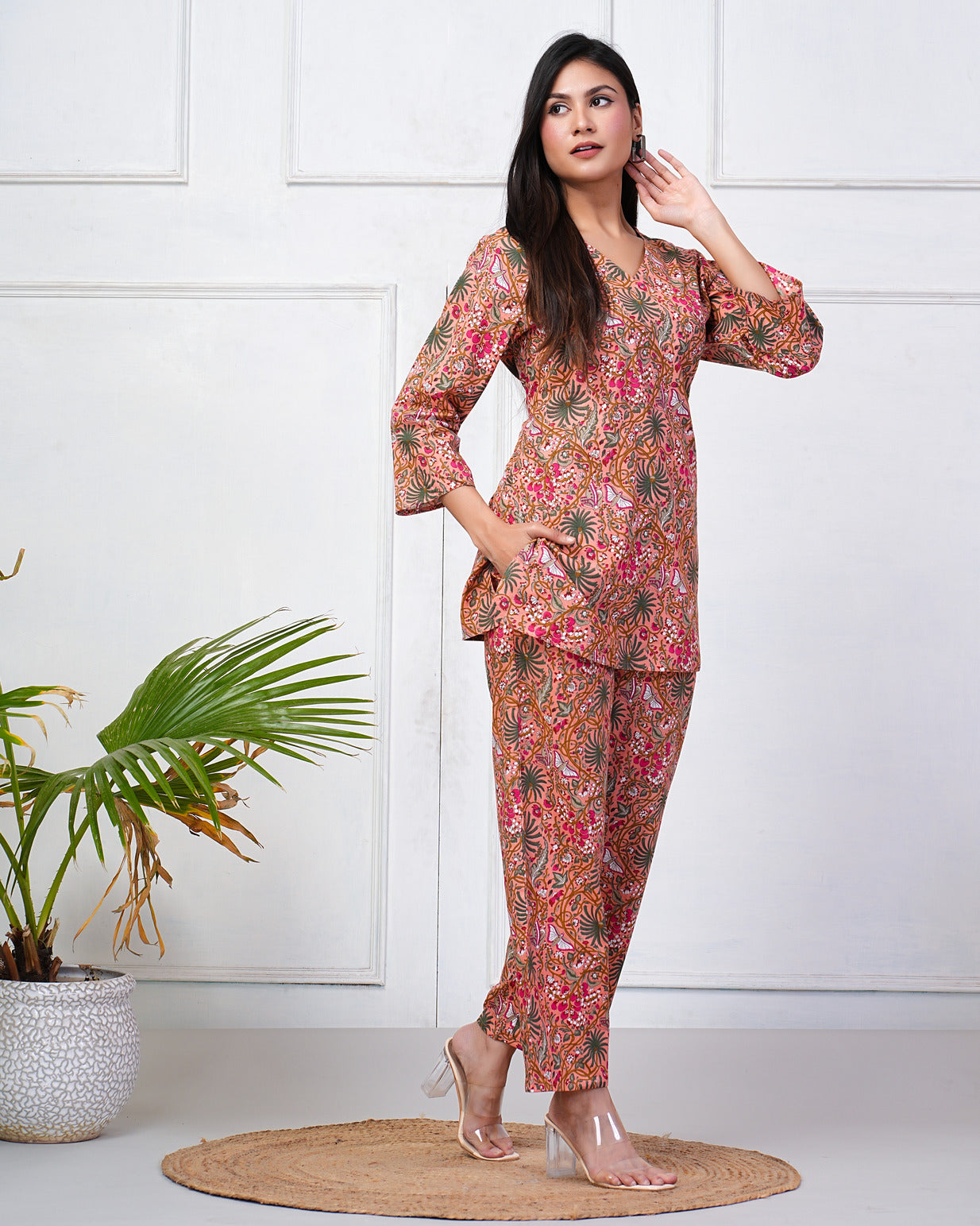 Orange With Multicolor Floral Print Cotton Night Suit