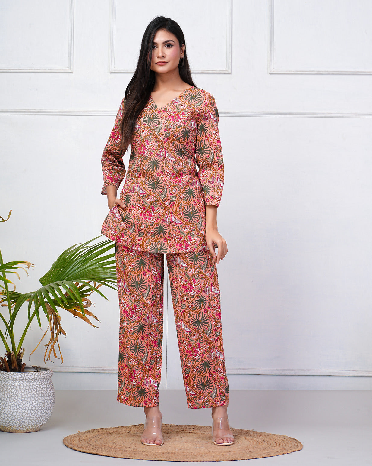 Orange With Multicolor Floral Print Cotton Night Suit