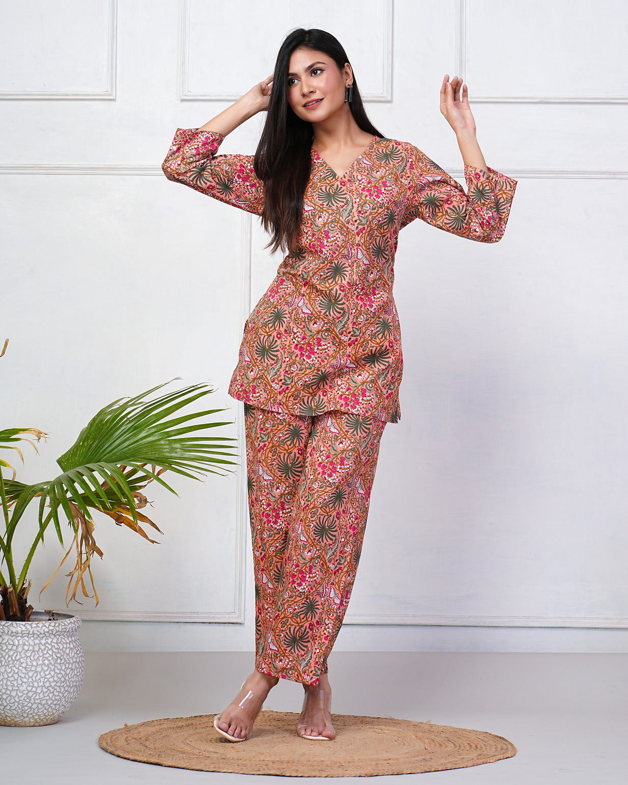 Orange With Multicolor Floral Print Cotton Night Suit