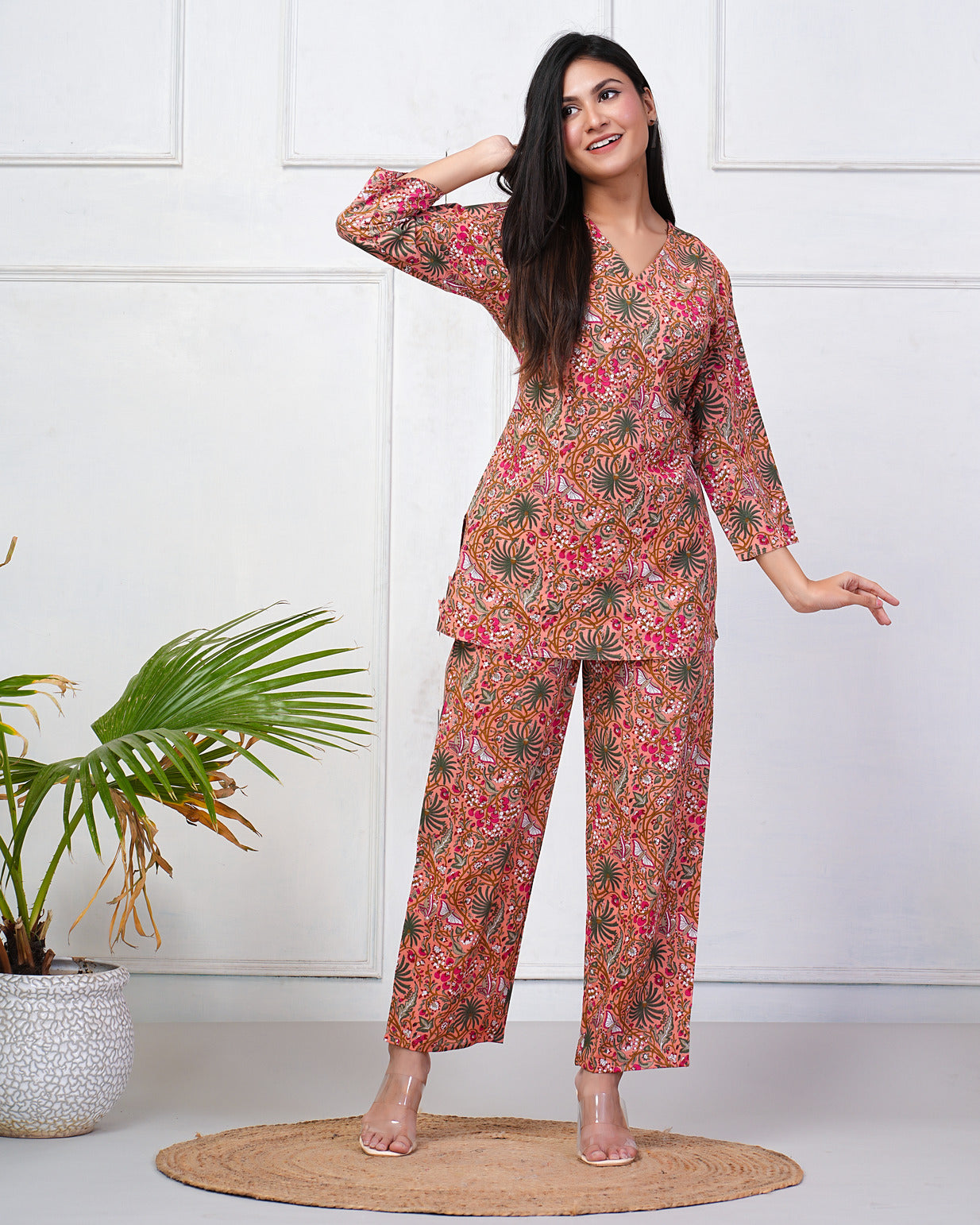 Orange With Multicolor Floral Print Cotton Night Suit