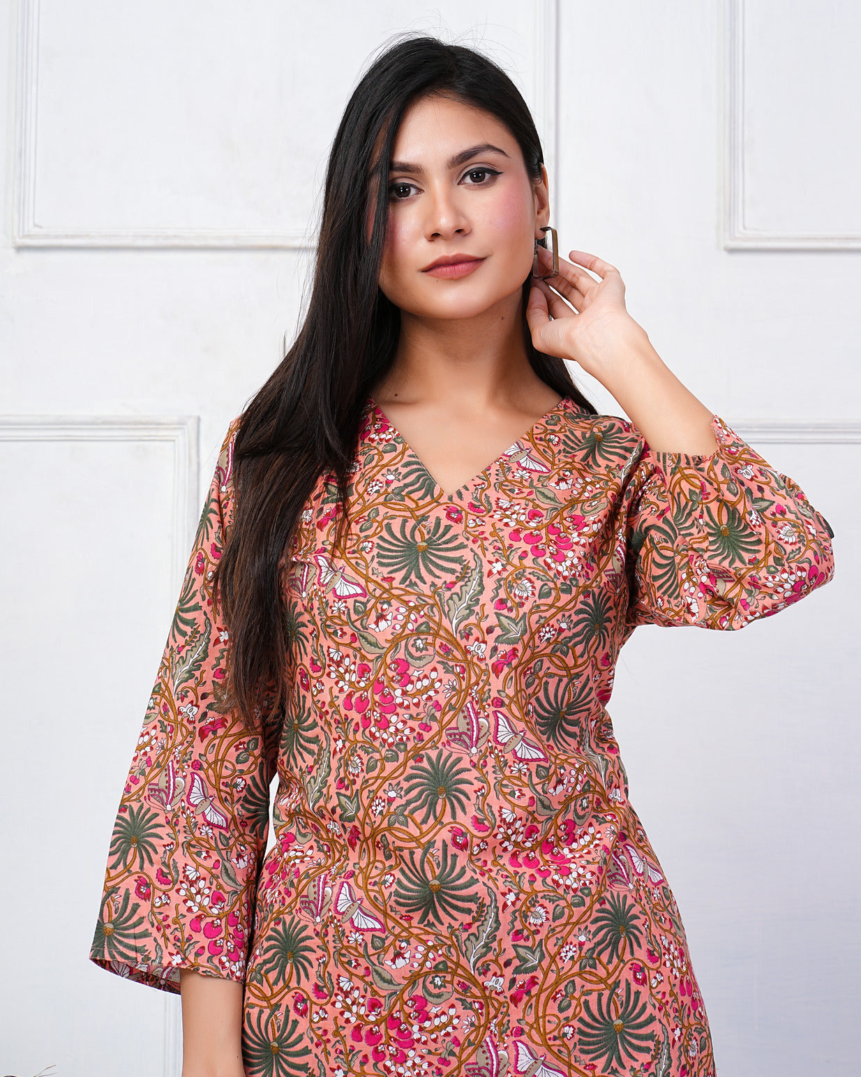 Orange With Multicolor Floral Print Cotton Night Suit