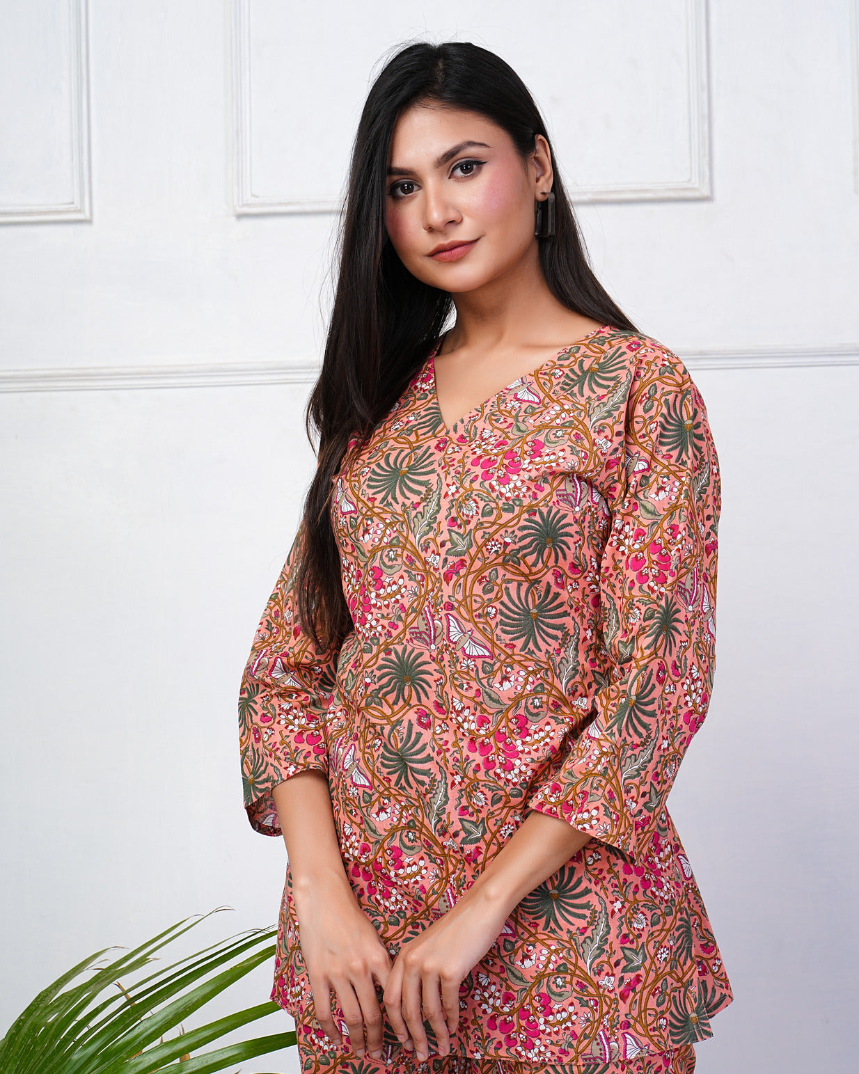 Orange With Multicolor Floral Print Cotton Night Suit