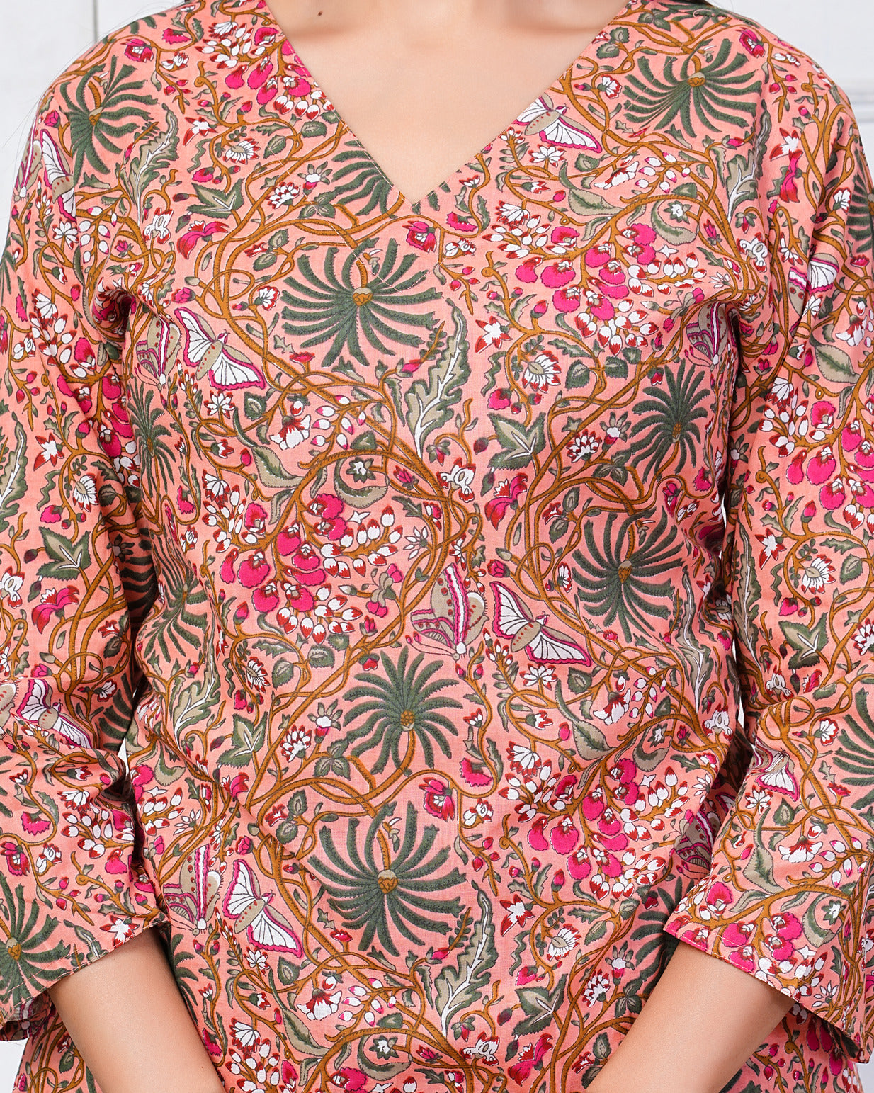 Orange With Multicolor Floral Print Cotton Night Suit