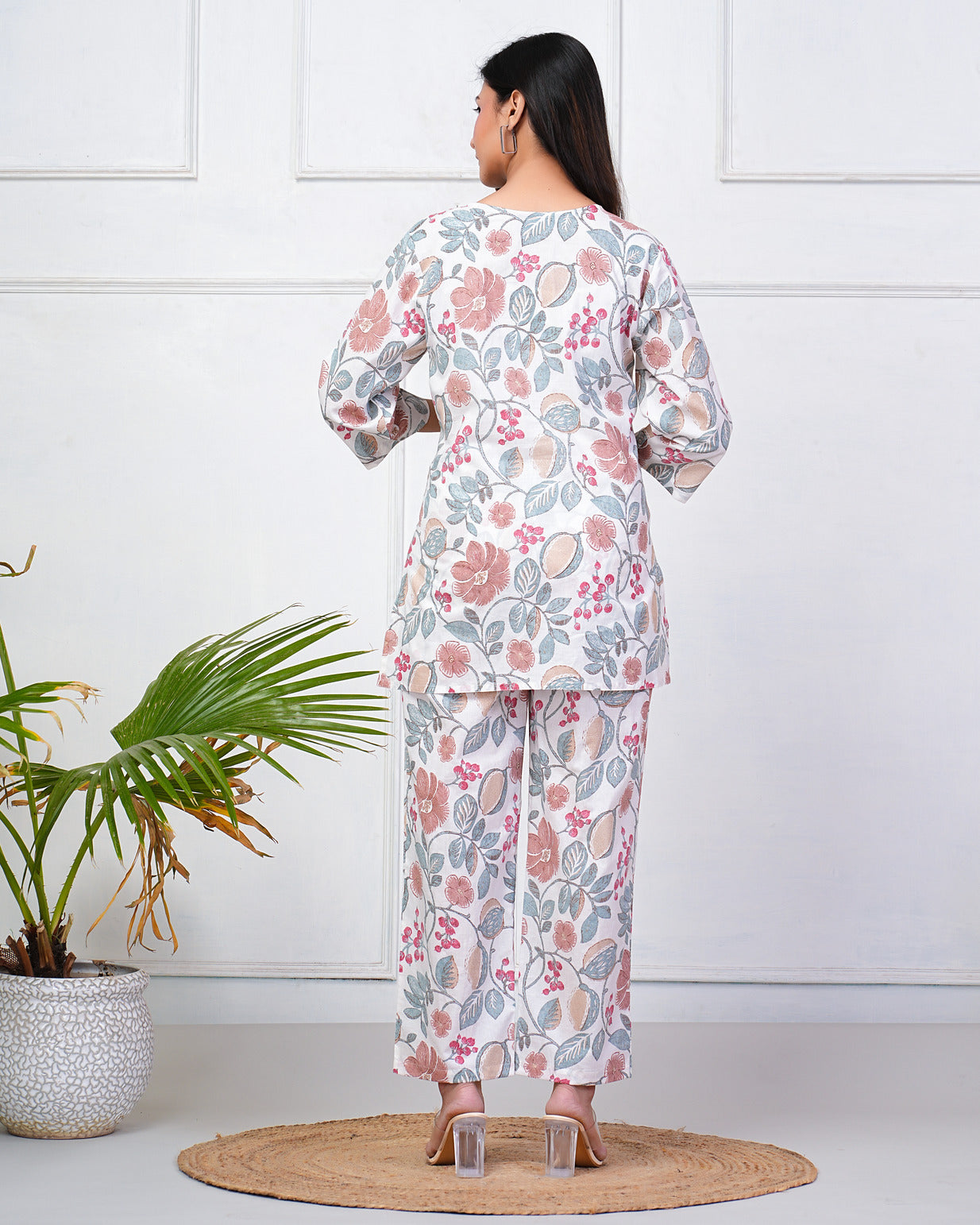 White With Grey Floral Print Cotton Night Suit