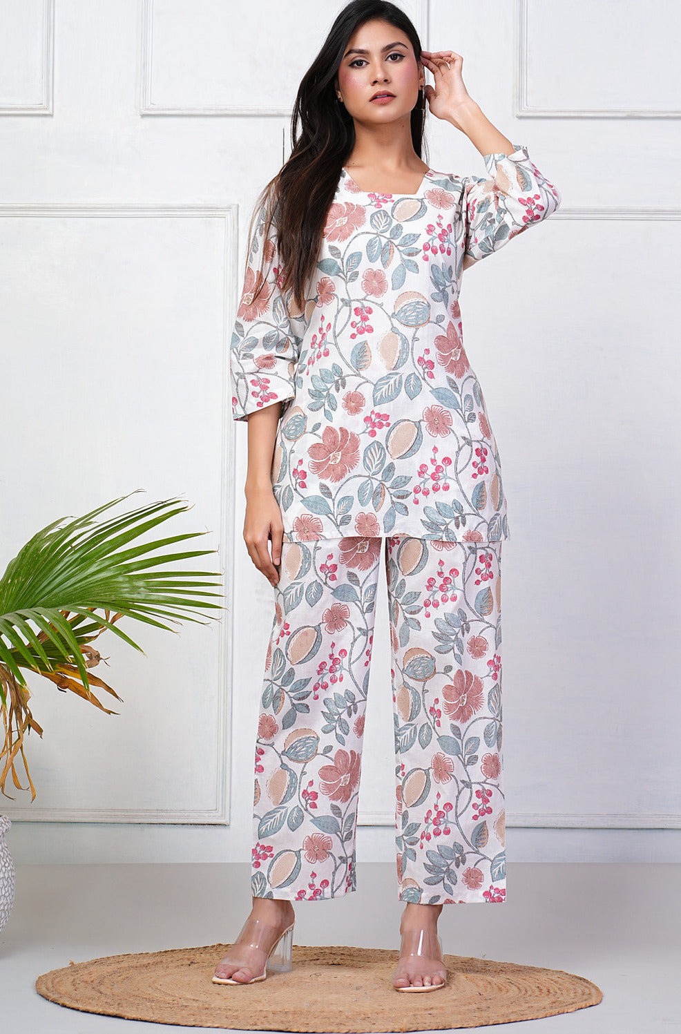 White With Grey Floral Print Cotton Night Suit