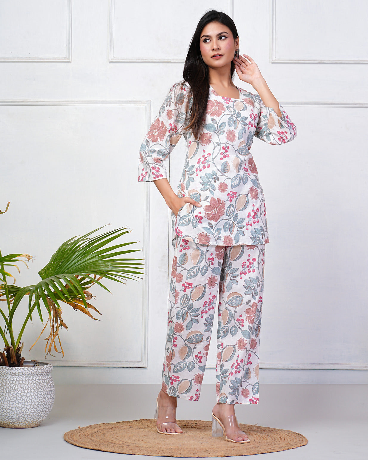 White With Grey Floral Print Cotton Night Suit