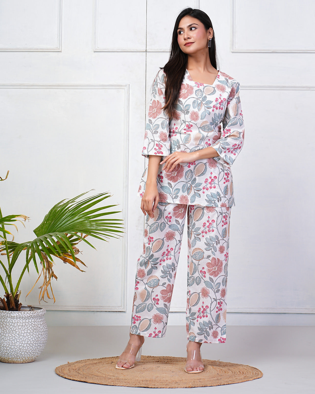 White With Grey Floral Print Cotton Night Suit