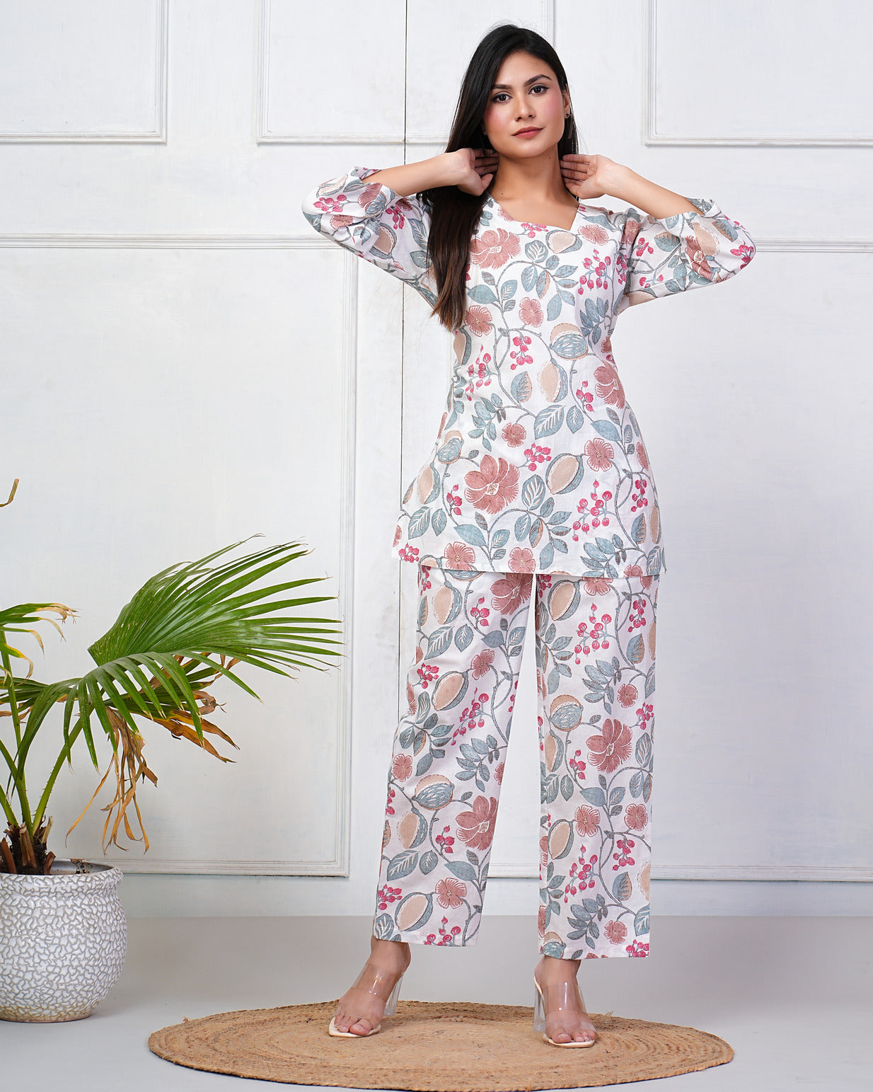 White With Grey Floral Print Cotton Night Suit