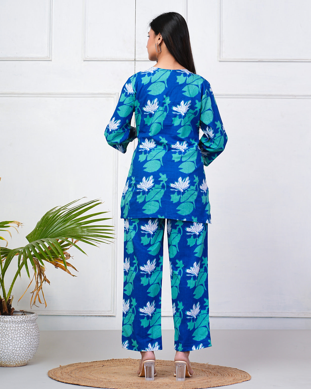 Navy Blue With Green-White Floral Print Cotton Night Suit