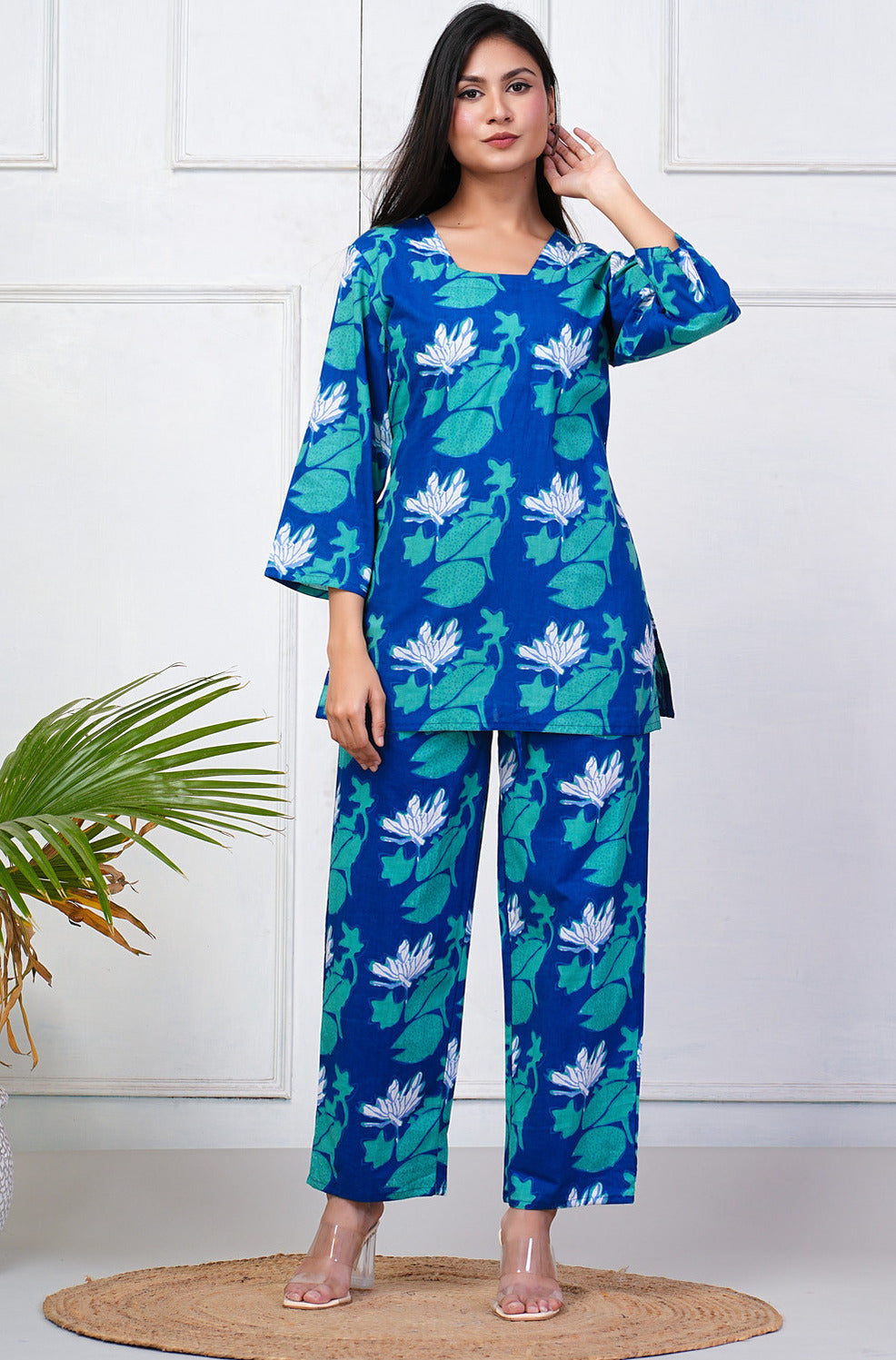 Navy Blue With Green-White Floral Print Cotton Night Suit