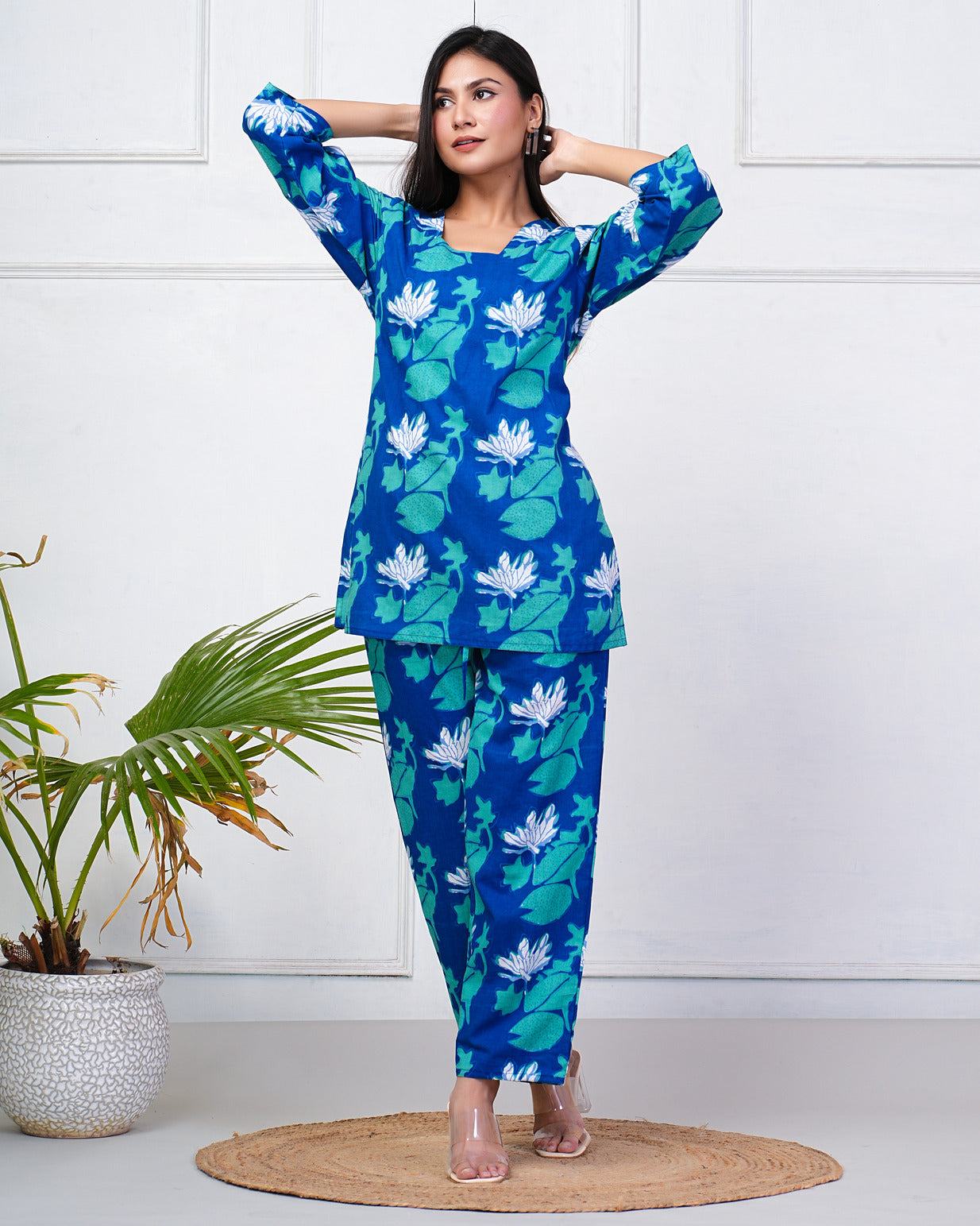 Navy Blue With Green-White Floral Print Cotton Night Suit