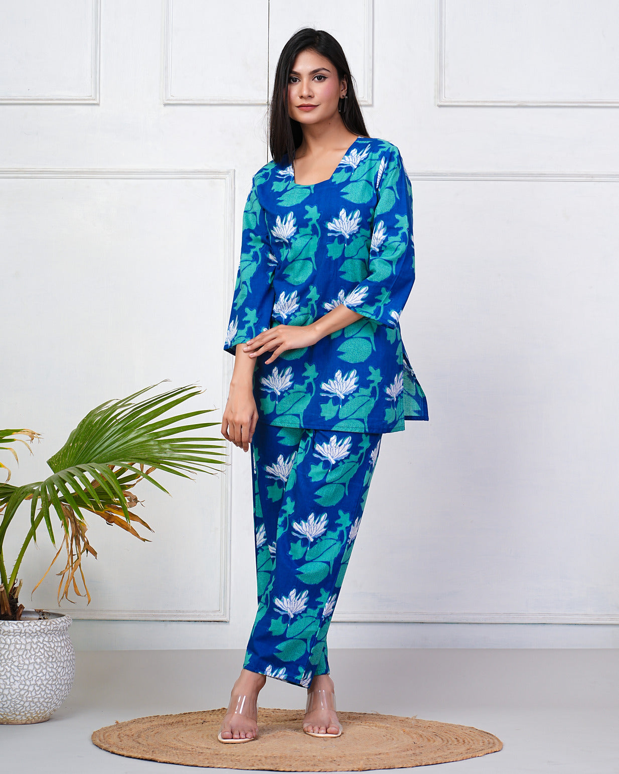 Navy Blue With Green-White Floral Print Cotton Night Suit