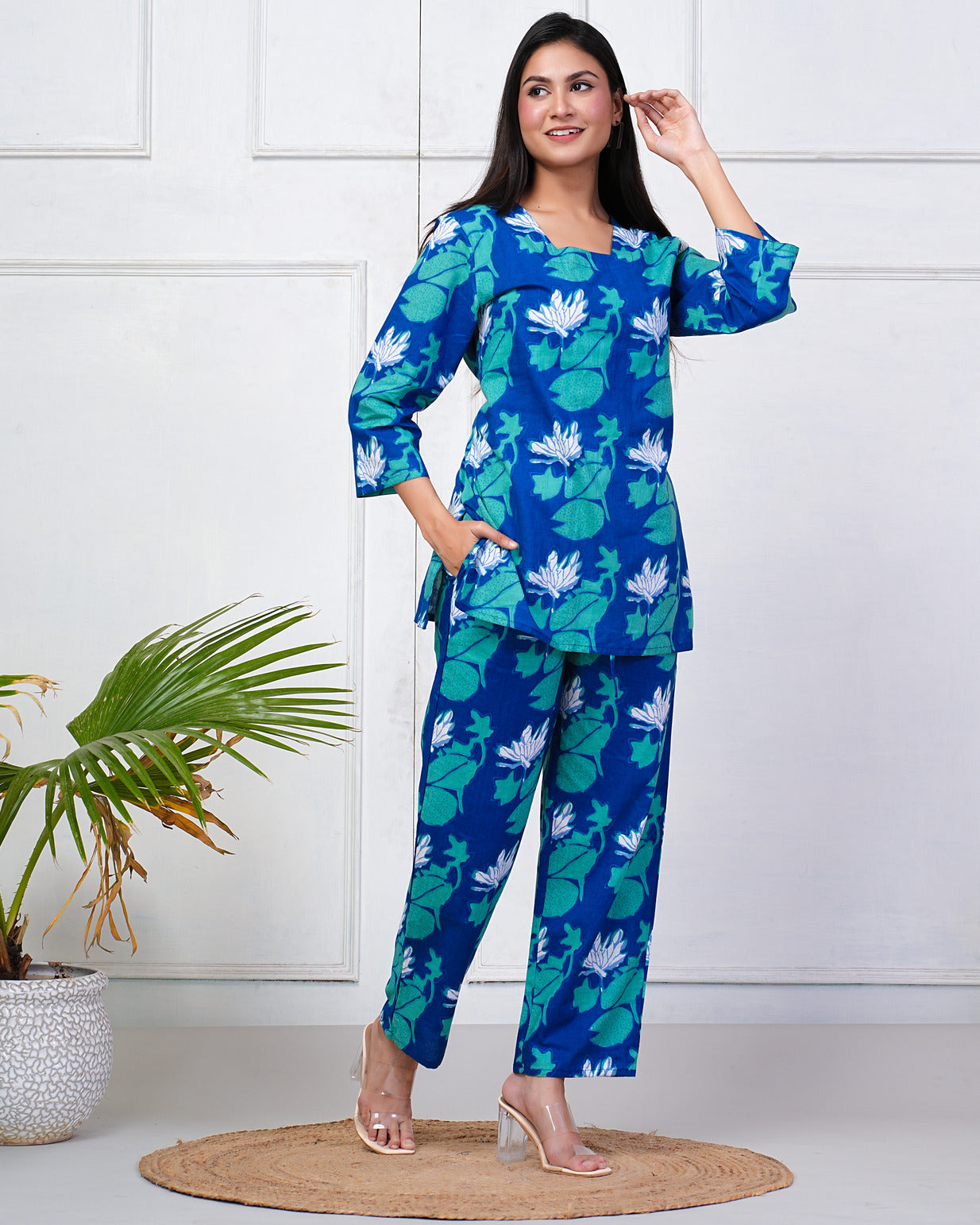 Navy Blue With Green-White Floral Print Cotton Night Suit