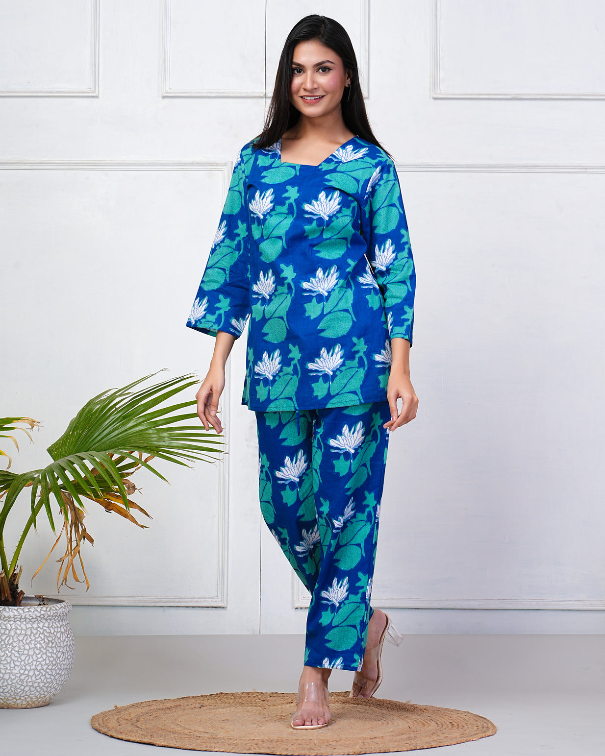 Navy Blue With Green-White Floral Print Cotton Night Suit