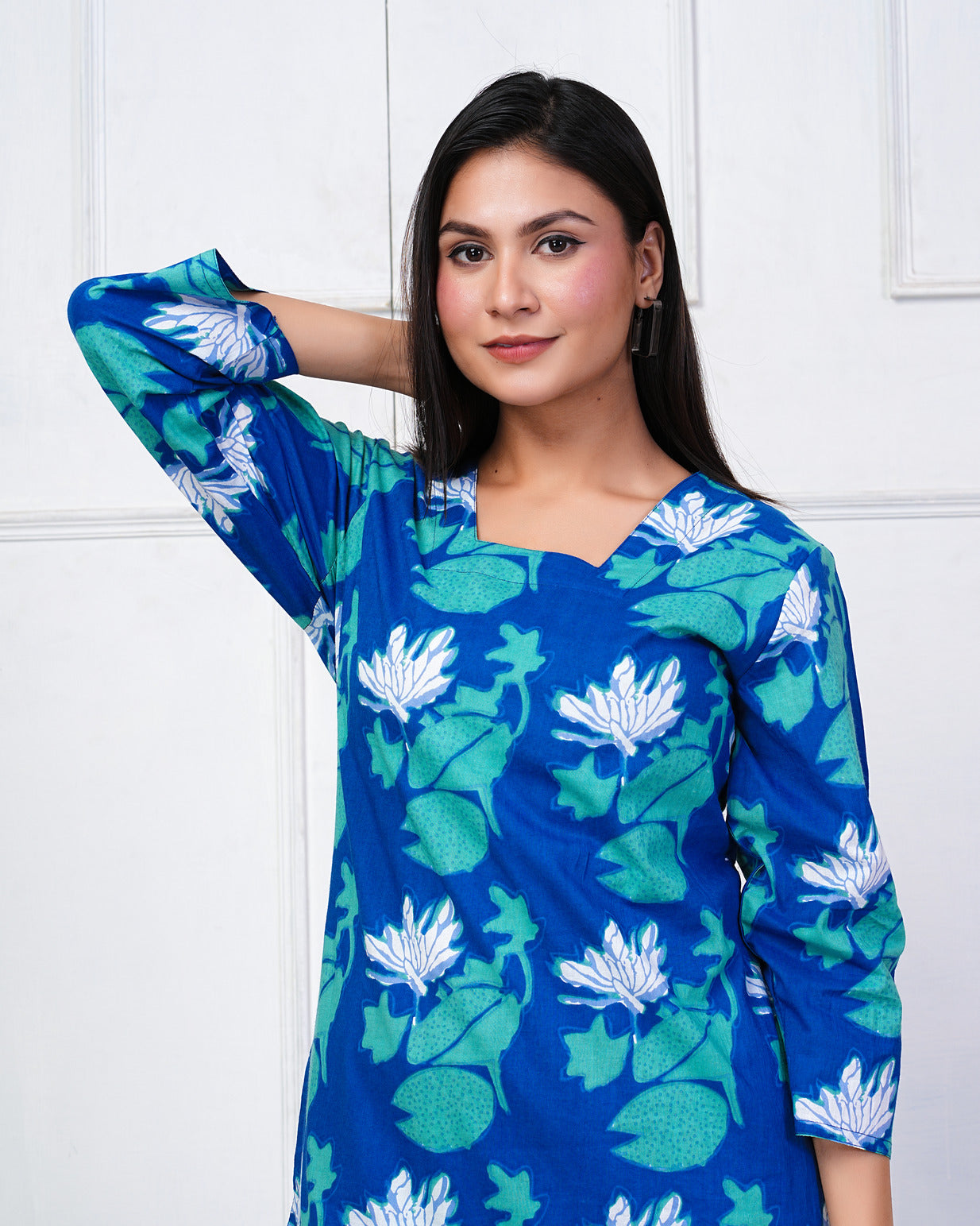 Navy Blue With Green-White Floral Print Cotton Night Suit