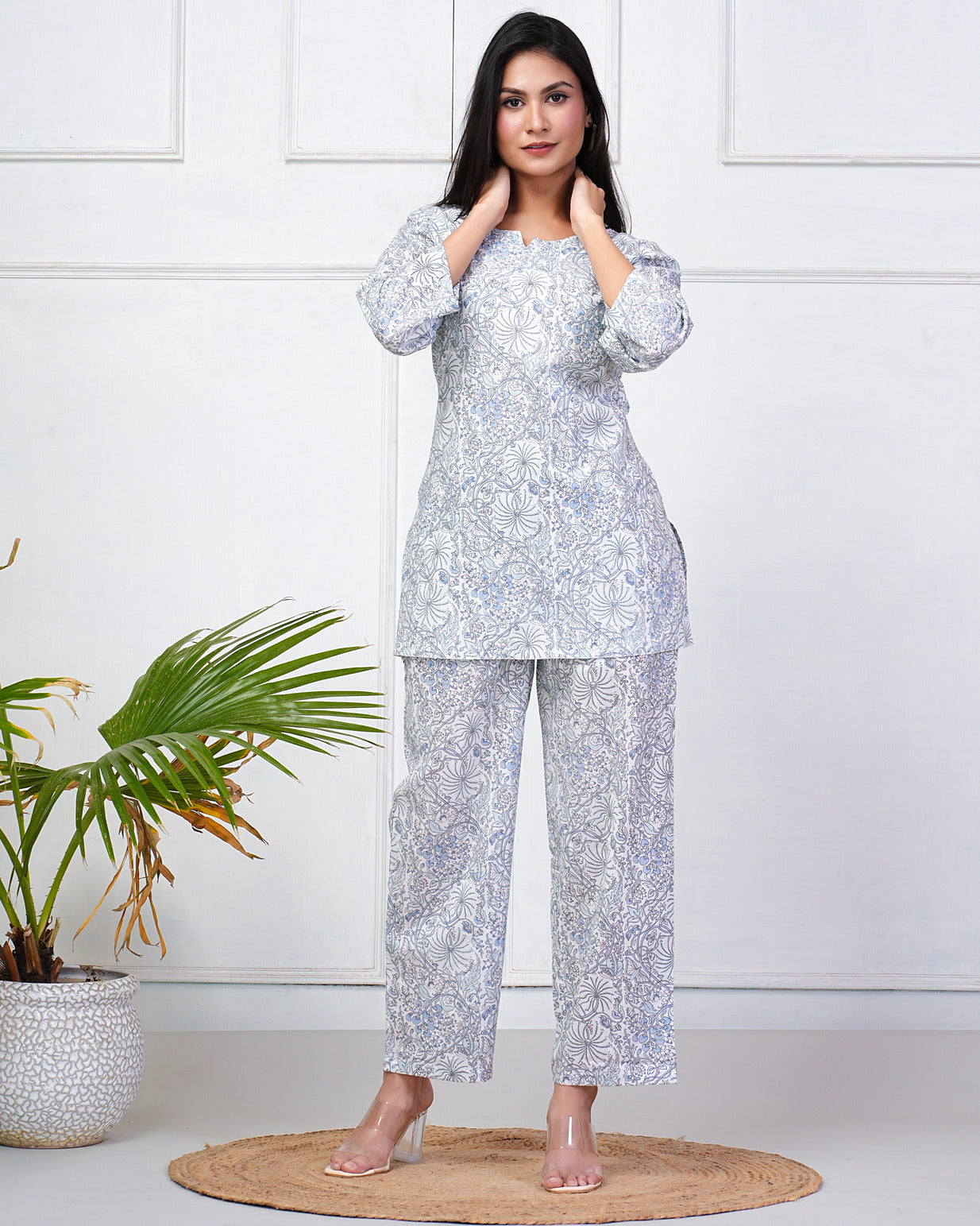 White With Floral Printed Cotton Night Suit