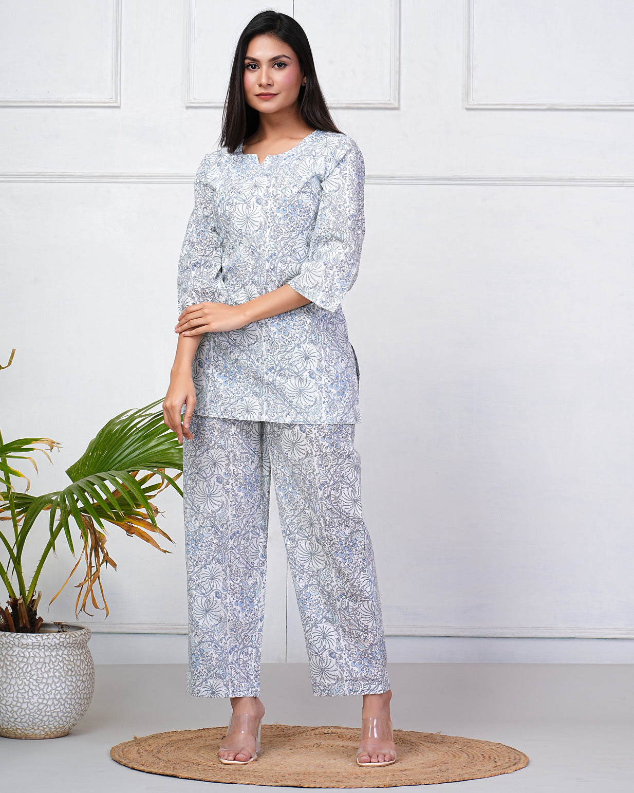 White With Floral Printed Cotton Night Suit