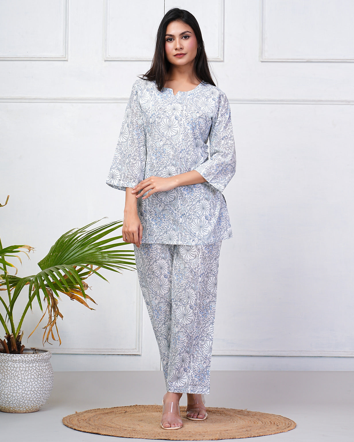 White With Floral Printed Cotton Night Suit