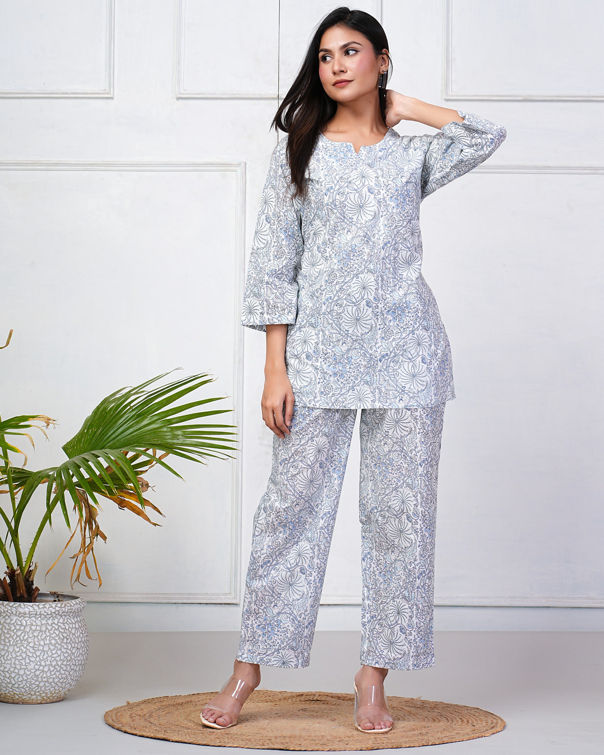 White With Floral Printed Cotton Night Suit