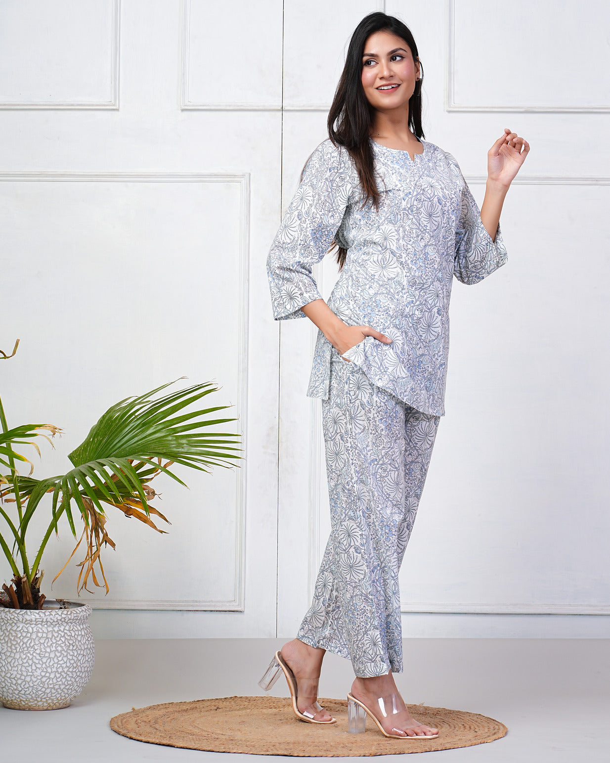 White With Floral Printed Cotton Night Suit