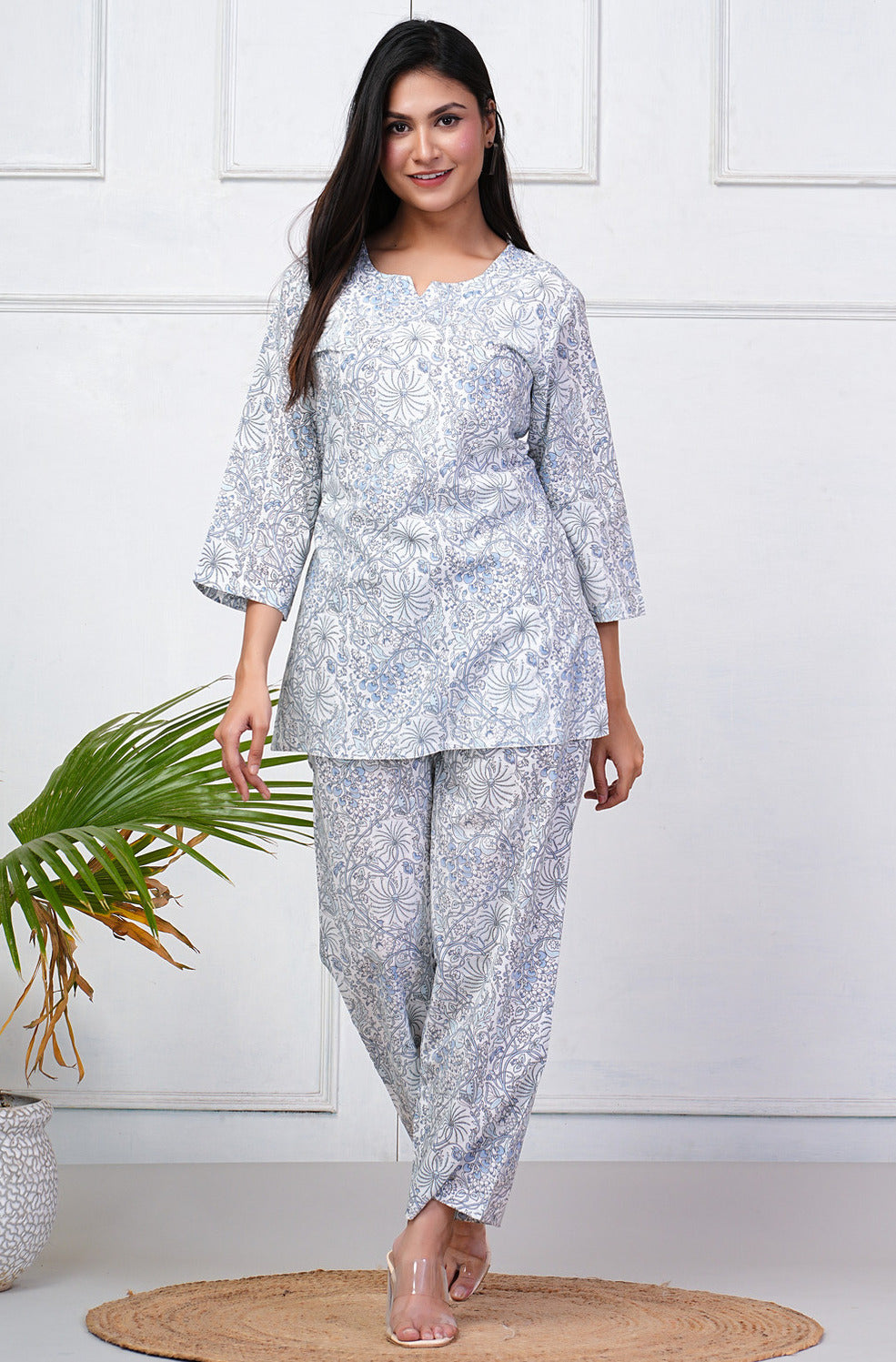 White With Floral Printed Cotton Night Suit