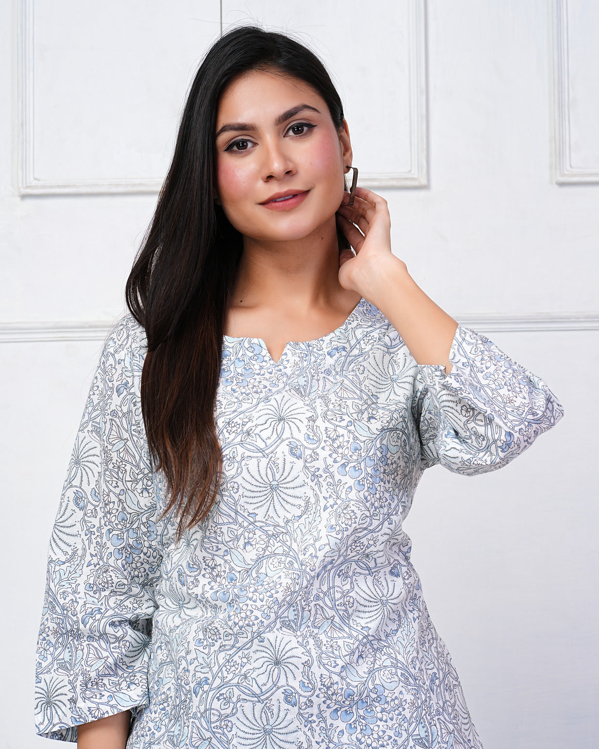 White With Floral Printed Cotton Night Suit