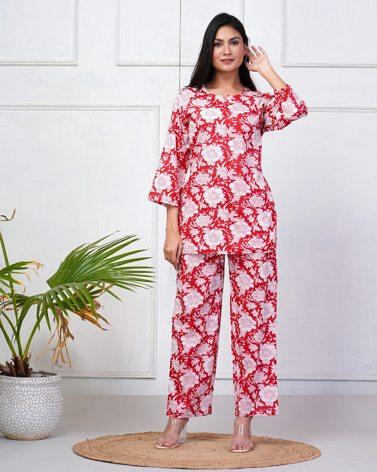 Red With White Floral Printed Cotton Night Suit