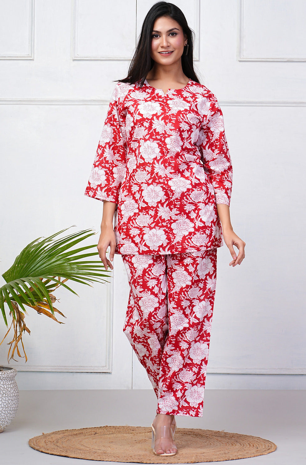 Red With White Floral Printed Cotton Night Suit