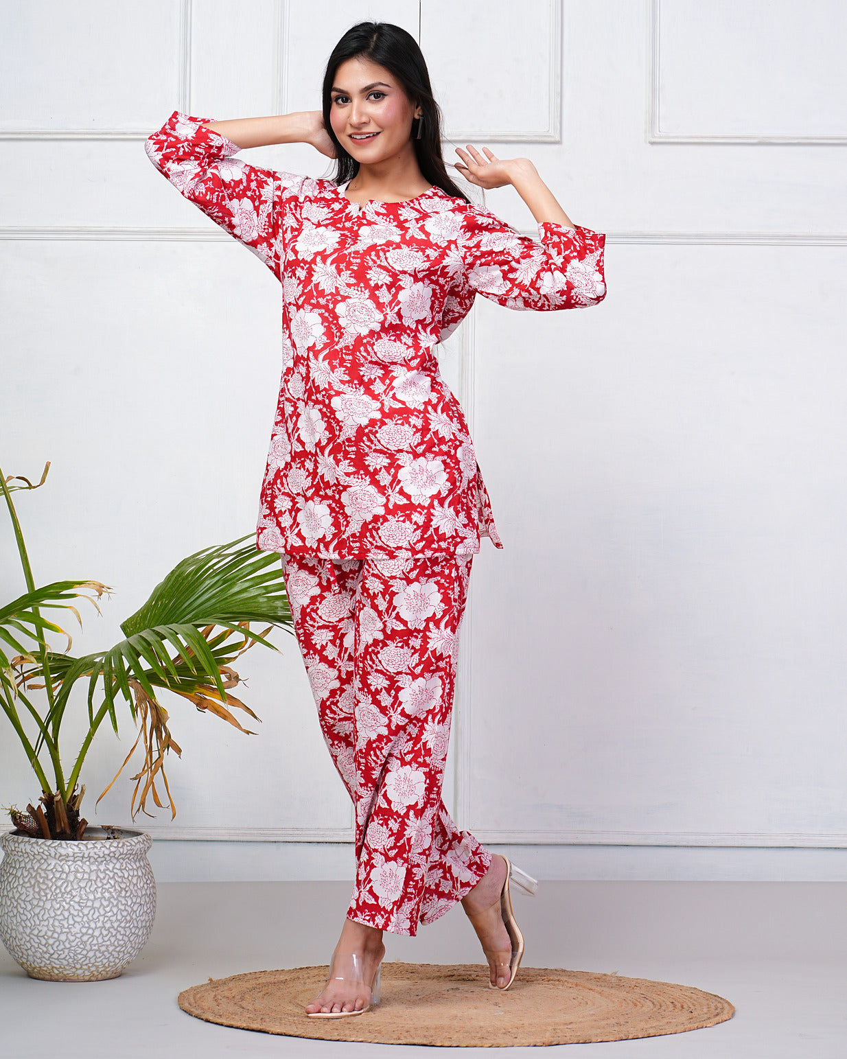 Red With White Floral Printed Cotton Night Suit