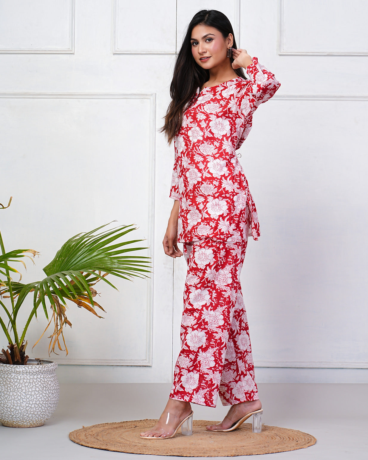 Red With White Floral Printed Cotton Night Suit