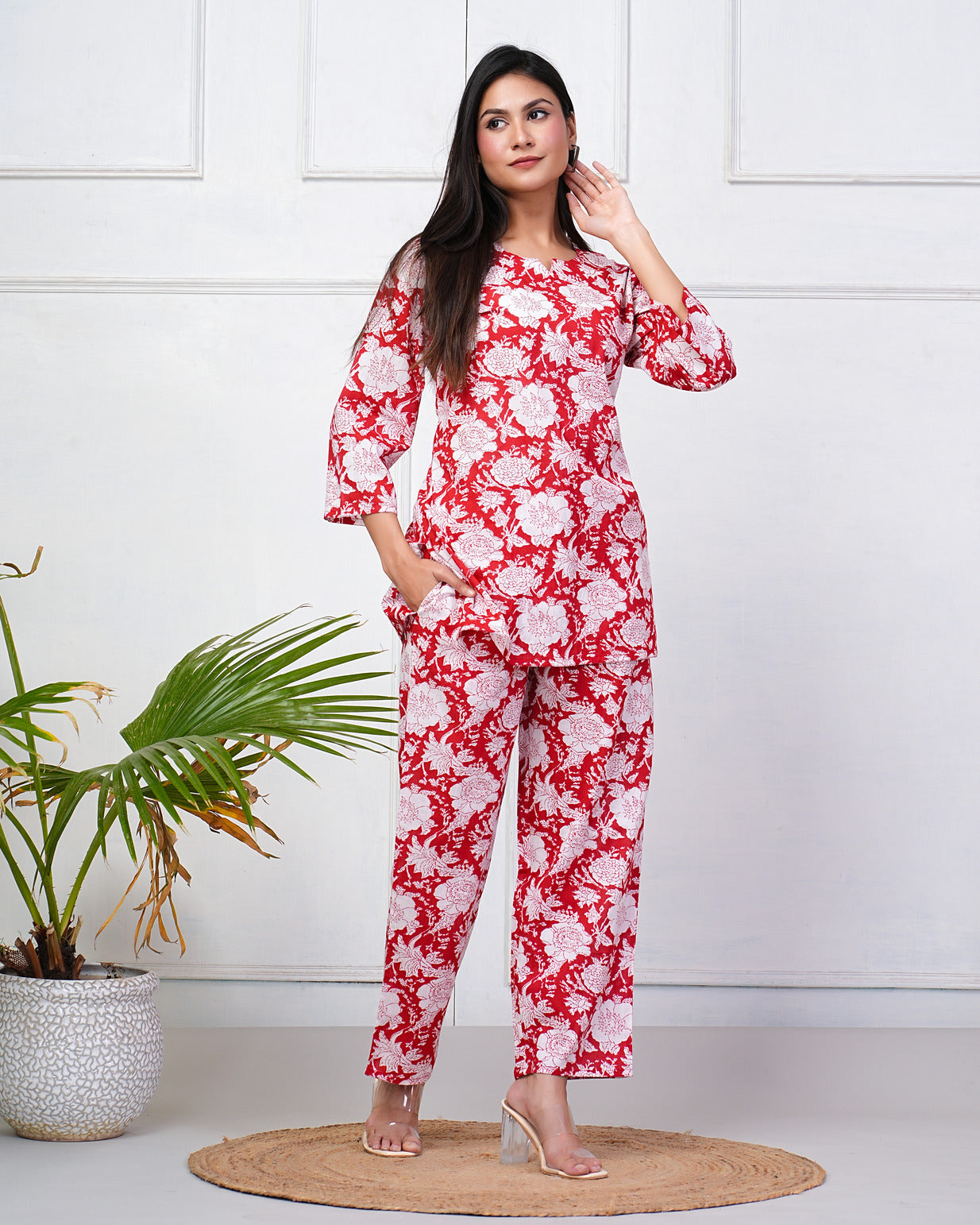 Red With White Floral Printed Cotton Night Suit