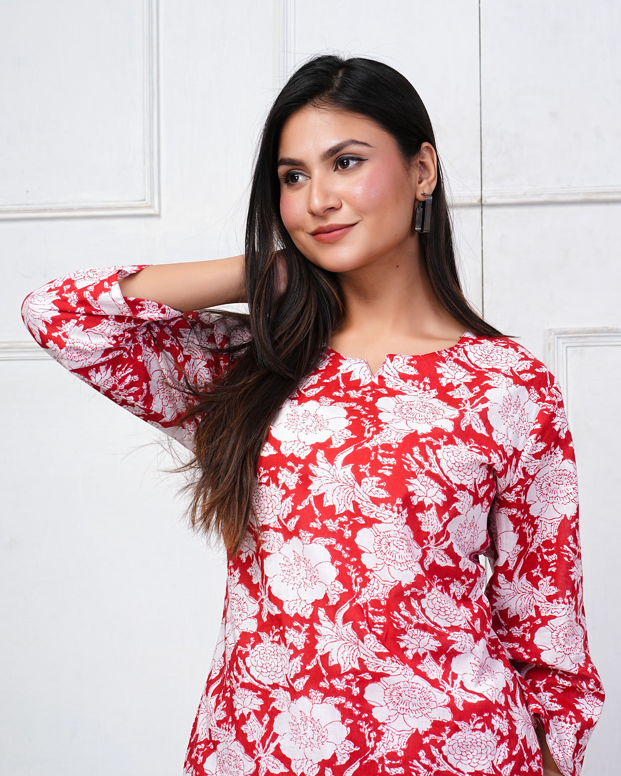 Red With White Floral Printed Cotton Night Suit