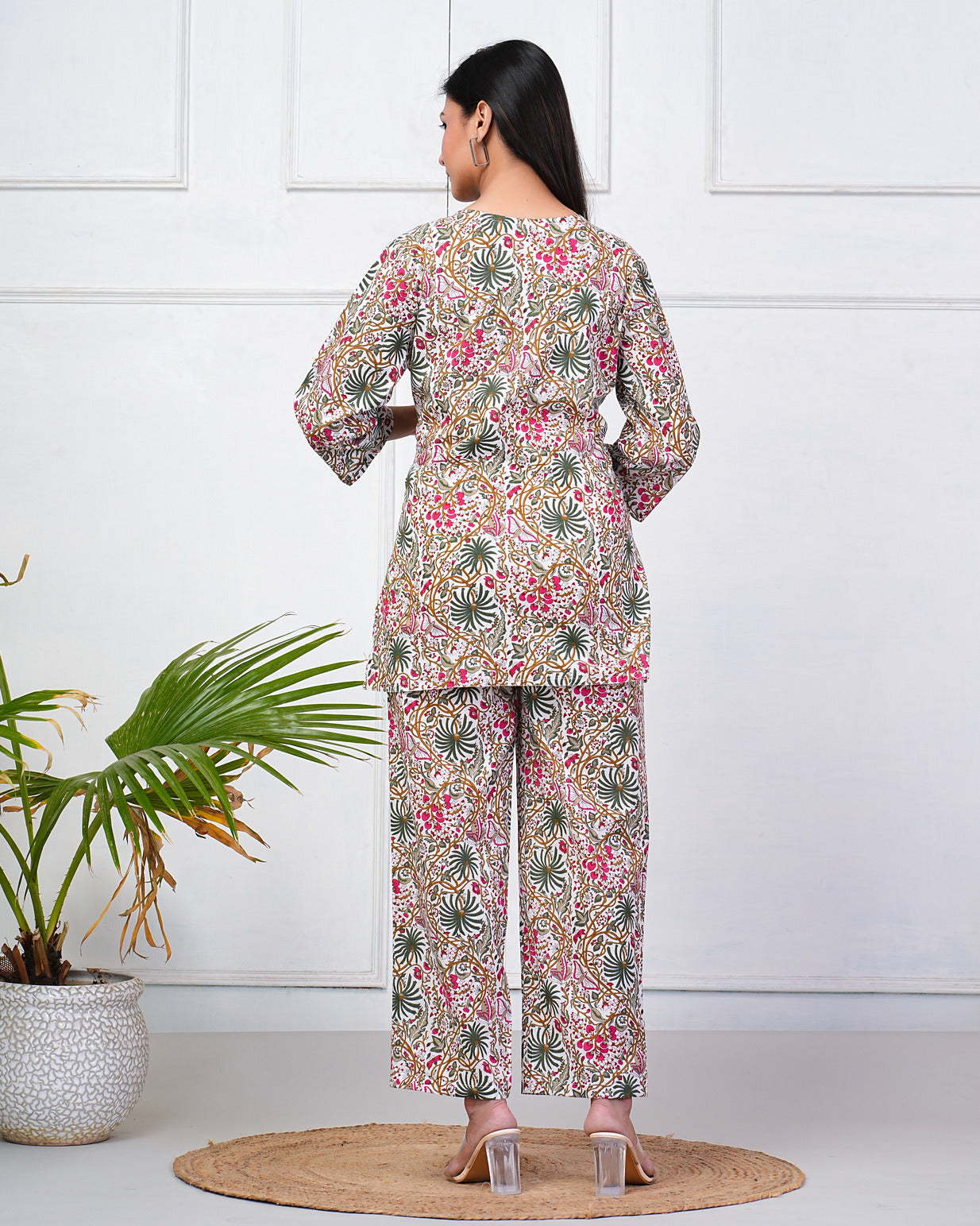 White With Multicolor Floral Print Cotton Night Suit